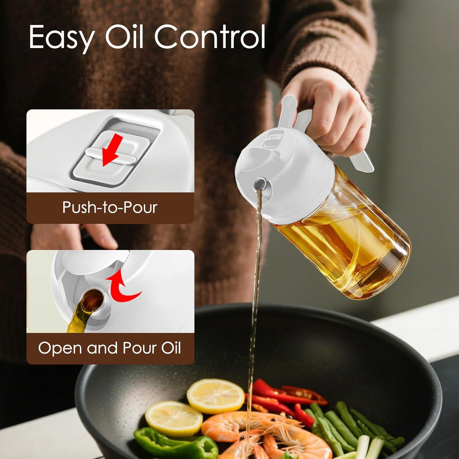 Vivva 16Oz/470Ml Olive Oil Dispenser - 2 in 1 Olive Oil Spray Bottle for Cooking Oil Sprayer Glass Oil Bottle Kitchen Tools, Premium Food-Grade Oil Mister for Air Fryer, Salad, Frying and BBQ (White) - Black  Oil Brush image number 3