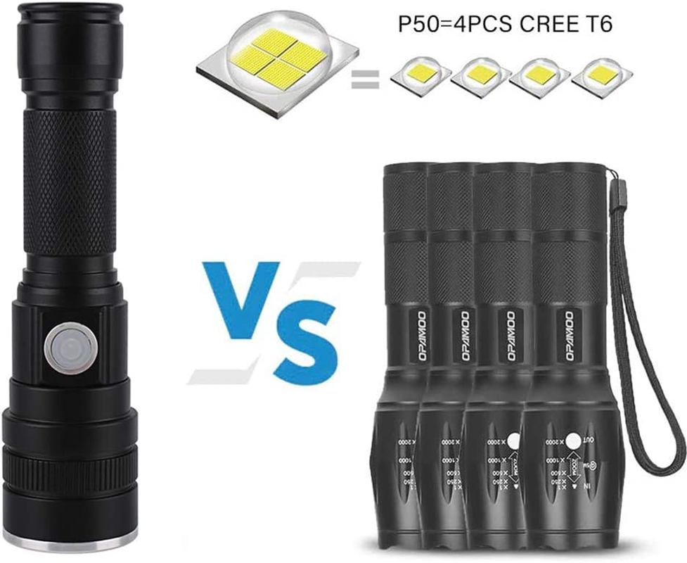LED Flashlight, USB Rechargeable Flashlights, Super Bright 6000 Lumen P50 Flashlights, Rechargeable Tactical Waterproof Flashlight with Zoom for Camping, Hiking and Emergencies Built-In Battery image number 2