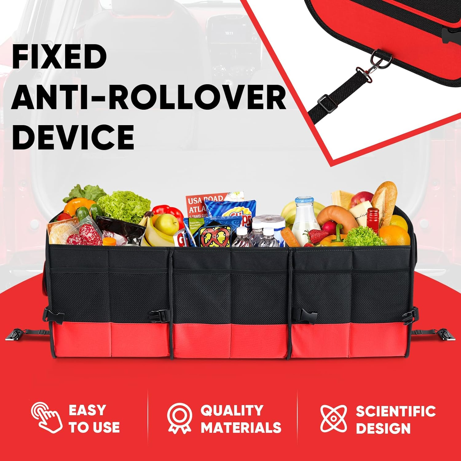 Simniam Large Trunk Organizer for Car, Collapsible Multi Compartment Car Trunk Organizer with 2 Retractable Straps, Suitable for All Kinds of Cars, SUV, Minivan - 4 Compartments Red image number 2