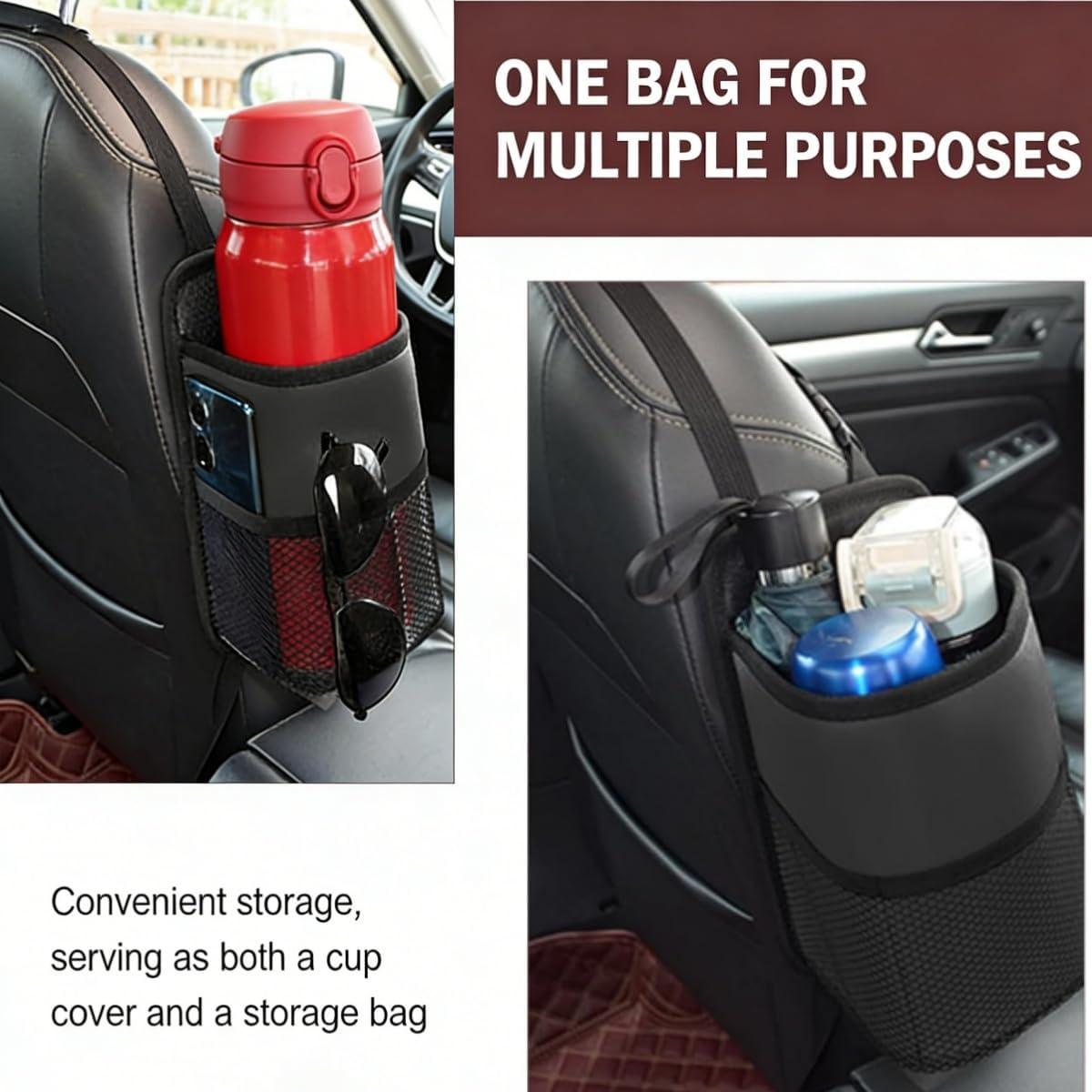 2-In-1 Large Cup Holder, 80 Oz Multifunctional Car Seat Side Organizer, Hanging Water Bottle Holder Bag, Stuff with Mesh Pocket for Phone & Drink, Suitable SUV Truck image number 1
