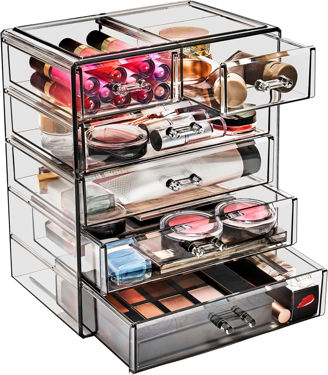 Sorbus Acrylic Clear Makeup Organizer - Big & Spacious Cosmetic Display Case - Stylish Designed Jewelry & Make up Organizers and Storage for Vanity, Bathroom (3 Large, 4 Small Drawers) [Diamond]