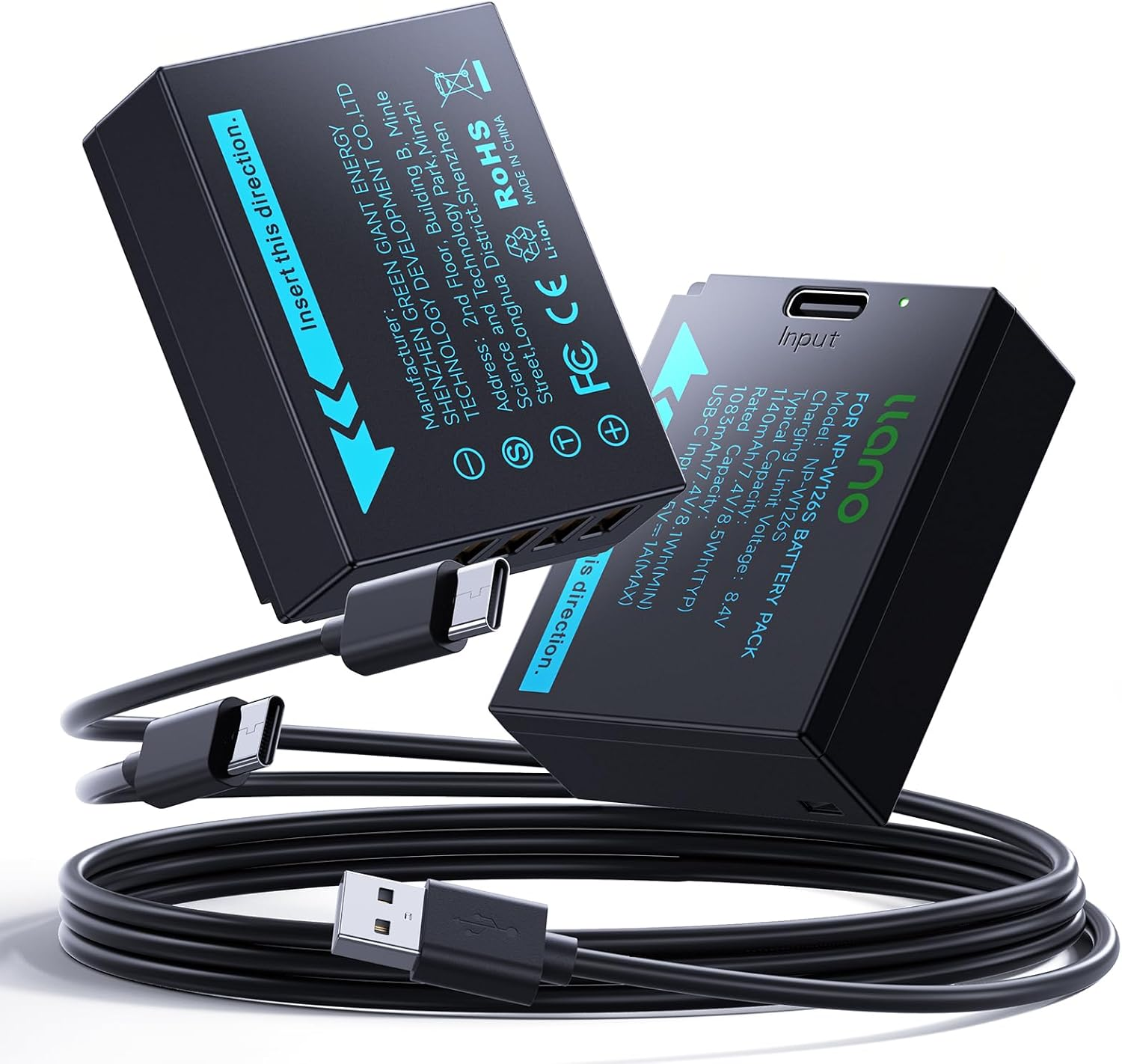 Llano 2 Pack USB-C NP-W126S Battery, Fully Decoded for Fujifilm XM5 X100VI X100V XS10 XT30II XT30 XT20 XE4 A5 Cameras, 1140Mah Capacity, Fast Rechargeable