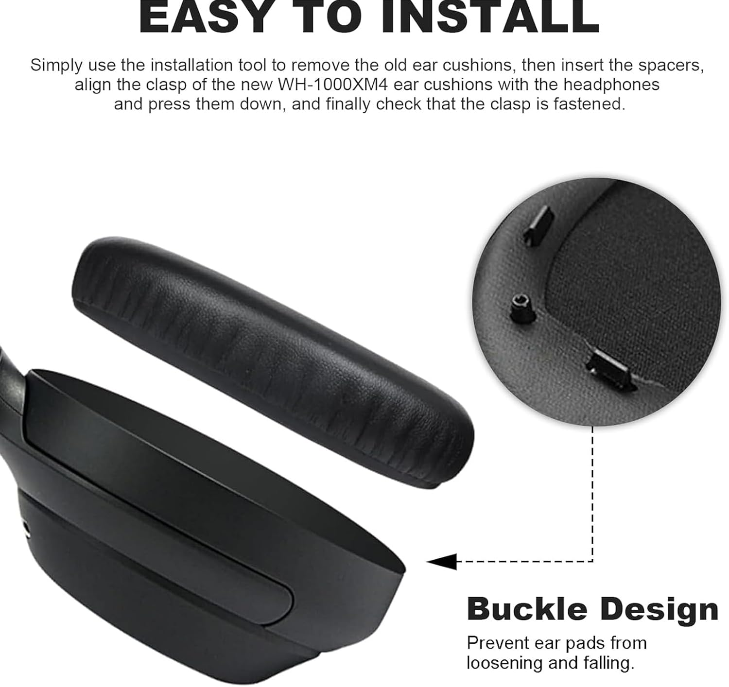 Replacement Earpads Cushions for Sony WH-1000XM4 (WH1000XM4) Headphones, MH MOIHSING Memory Foam Soft PU Leather Ear Pads Covers with Noise Isolation, Added Thickness, without Affecting Sensor- Black image number 2