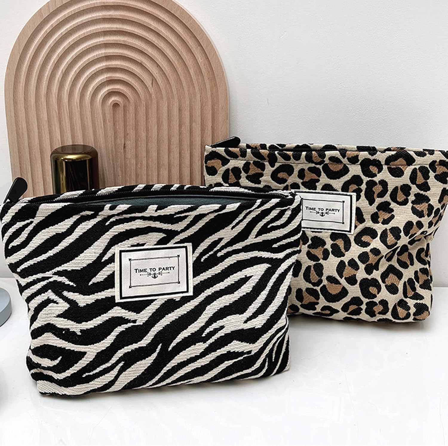 Leopard Print Cosmetic Bag, Canvas Makeup Bags, Multifunctional with Metal Zip, Spacious Cosmetic Bag for Women, Toilet Bag with Zebra Stripes, Pack of 2 image number 2