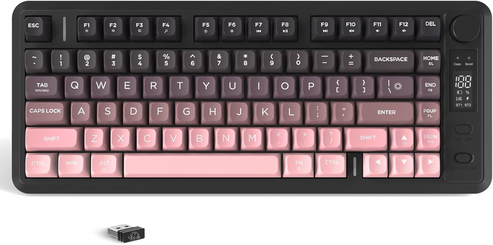 FREEWOLF X Attack Shark M75 Wireless Membrane Gaming Keyboard Mechanical Feel with Knob & OLED Display Bluetooth/2.4Ghz Rainbow Backlit Gradient PBT Keycaps 2000Mah Battery Anti-Ghosting-Pink image number 5