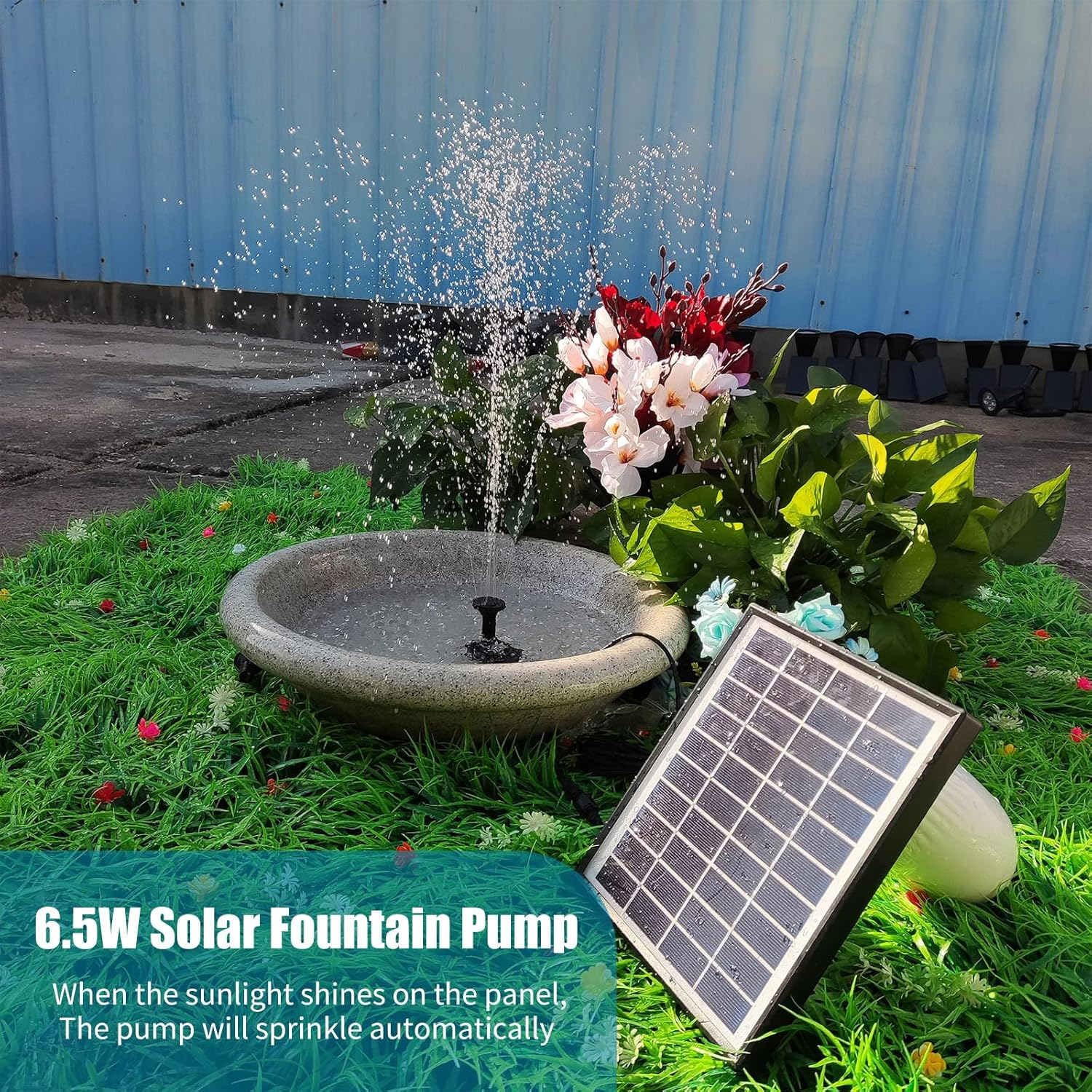 6.5W Solar Fountain Pump 200L/H Flow E Small Pond Pump Dc Brus Solar Powered Fountain Pump with 8 Nozzles 6 Modes for Bird Bath/Pond/Garden/Backyard/Landscape Black