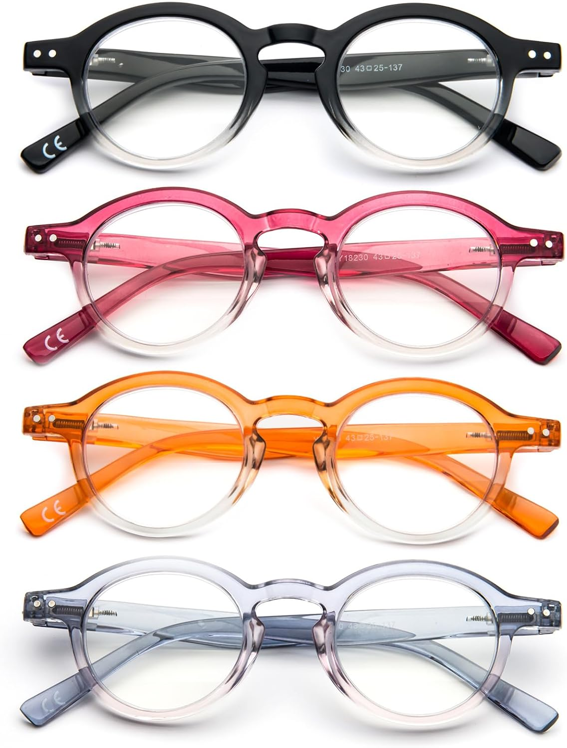 Kokobin 4-Pack Small round Reading Glasses Comfortable Readers Colored Stylish Frame for Women