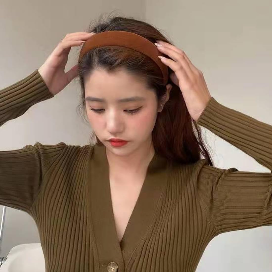 Pack of 2 Velvet Headbands, Women'S Solid, Simple Headband for Girls, Fashion Hair Accessories for Women Girls, Padded Headband Made of Velvet Fabric, Retro Style Hair Band (Grey/Orange Brown)