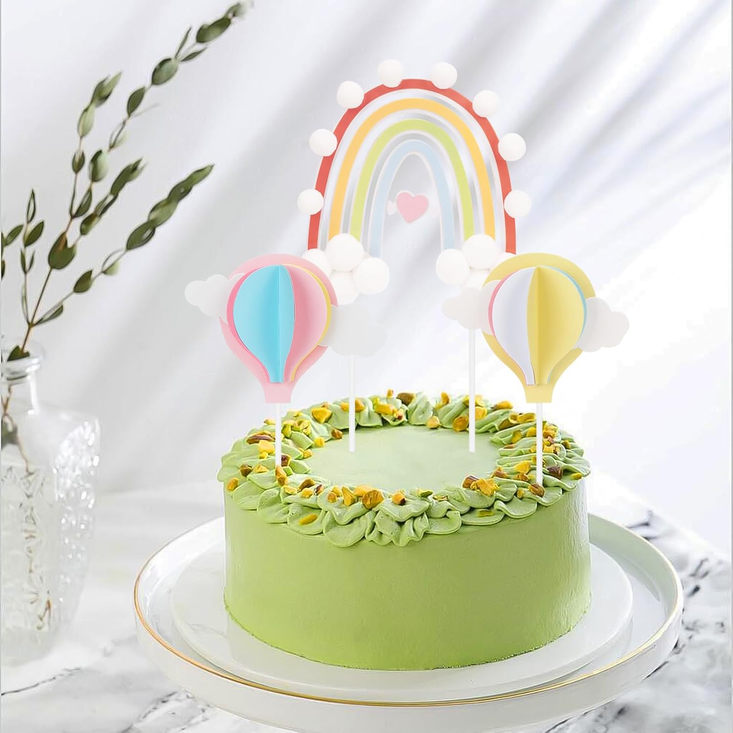 Hannafires (22PCS) 2 Rainbow Pom Pom Cake Toppers & 20 3D Pink & Yellow Balloon Decorations &ndash; Heart-Shaped Cake Picks for Baby, Little Princess Birthday Parties & Baking image number 3