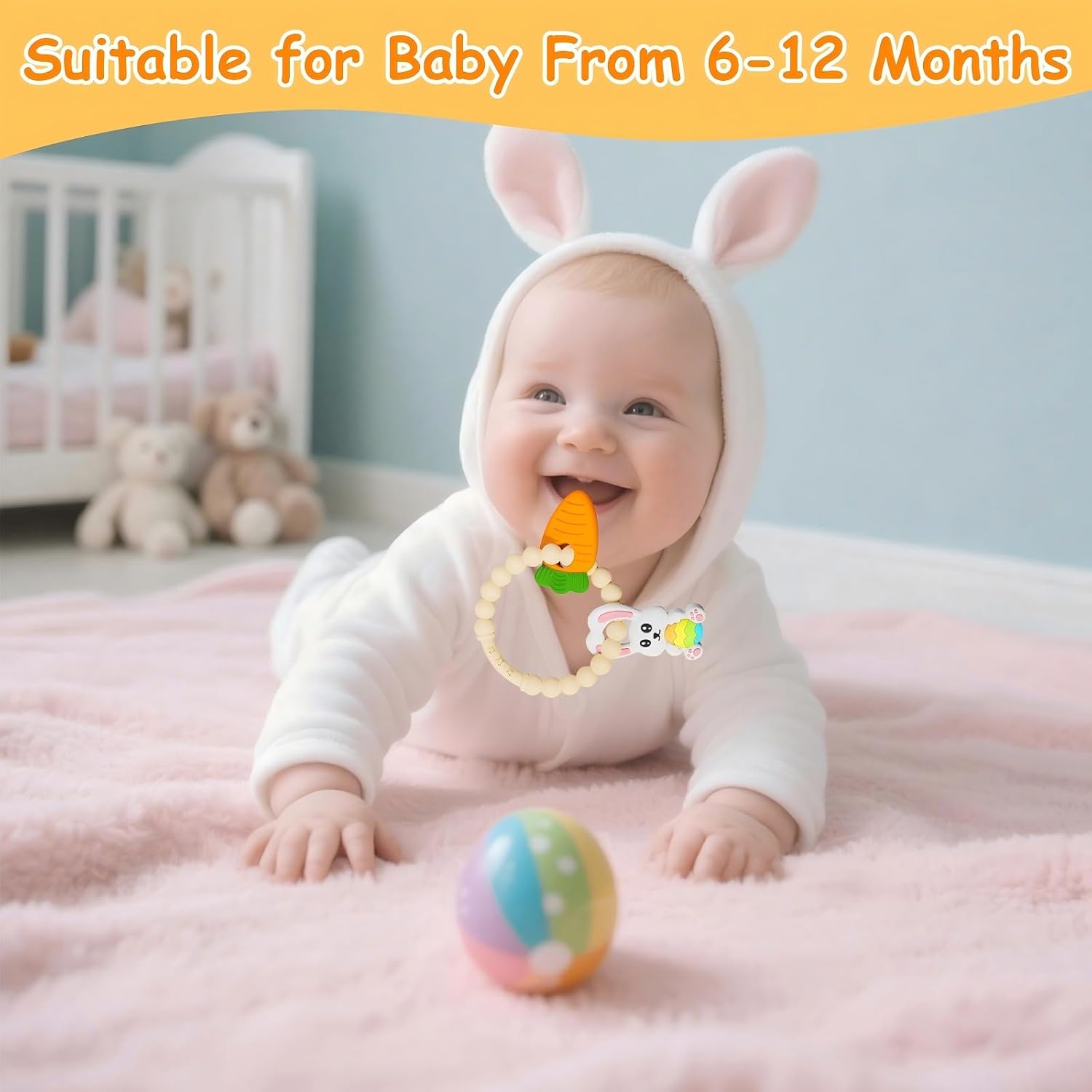 Baby Teething Ring Toys - Bunny Easter & Carrot Teethers for Newborns, Infants & Toddlers, Sensory Chew Bracelet for Teething Relief &ndash; Best Baby&rsquo;S First Christmas Easter Basket Stuffers image number 5