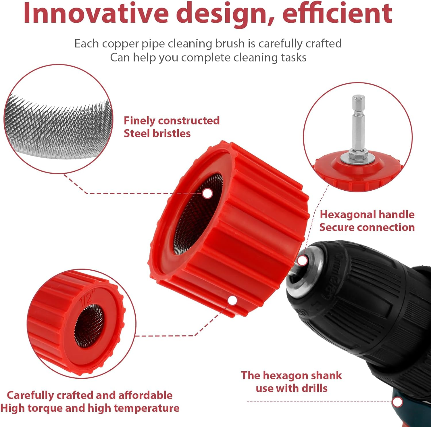 9 Piece Set 1/2" 3/4" 1" Copper Pipe Cleaner for Drill, Tube Cleaning Brush W Stainless-Steel Wire Bristle, Cleans Copper/Bronze/Brass Pipes and Tubes for Soldering image number 3