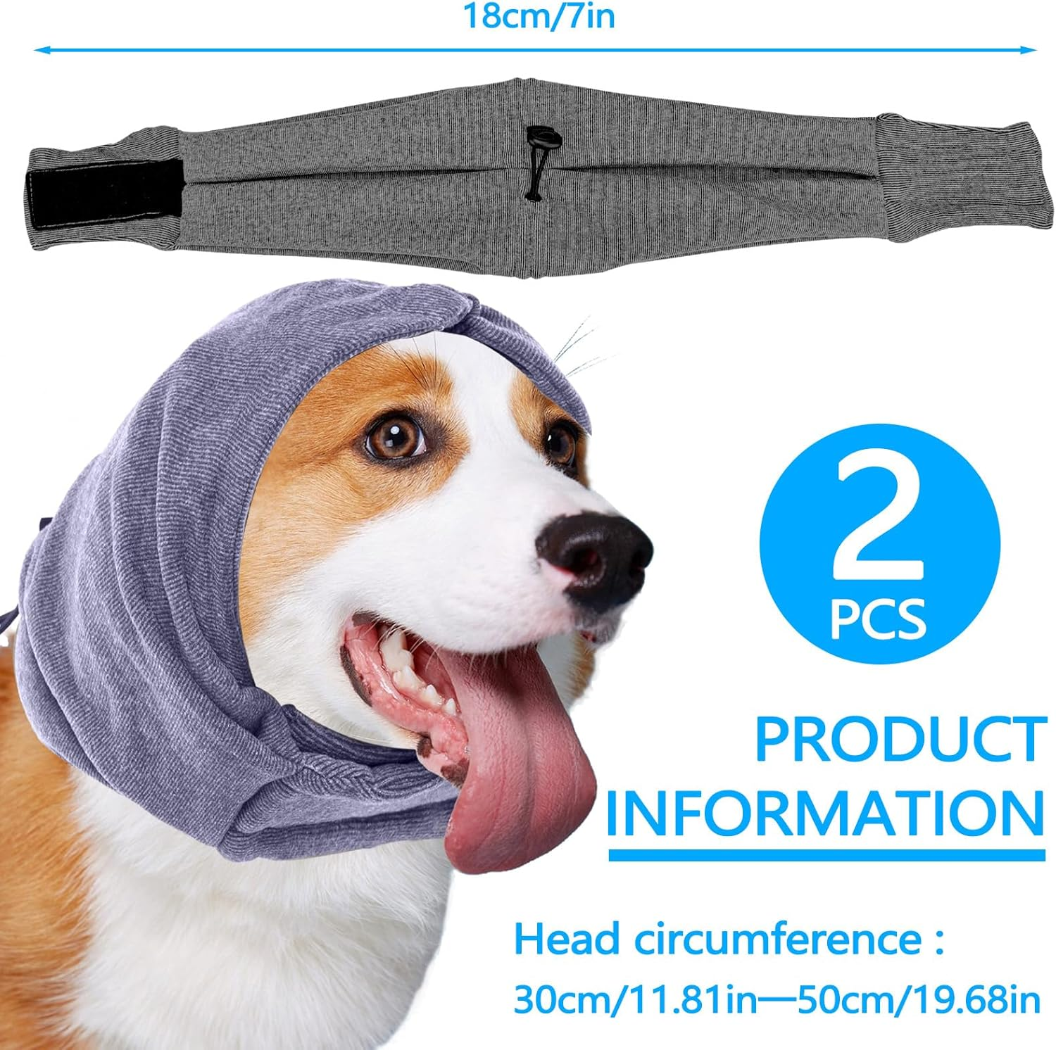 Huakaile 2 Pack Dog Ear Muffs Noise Protection, Calming Dog Snood Hoodie with Hook and Loop, Pet Head Wraps Cover for Winter Anxiety Quiet Hematoma Bath Grooming (M, Gray, Purple) image number 6