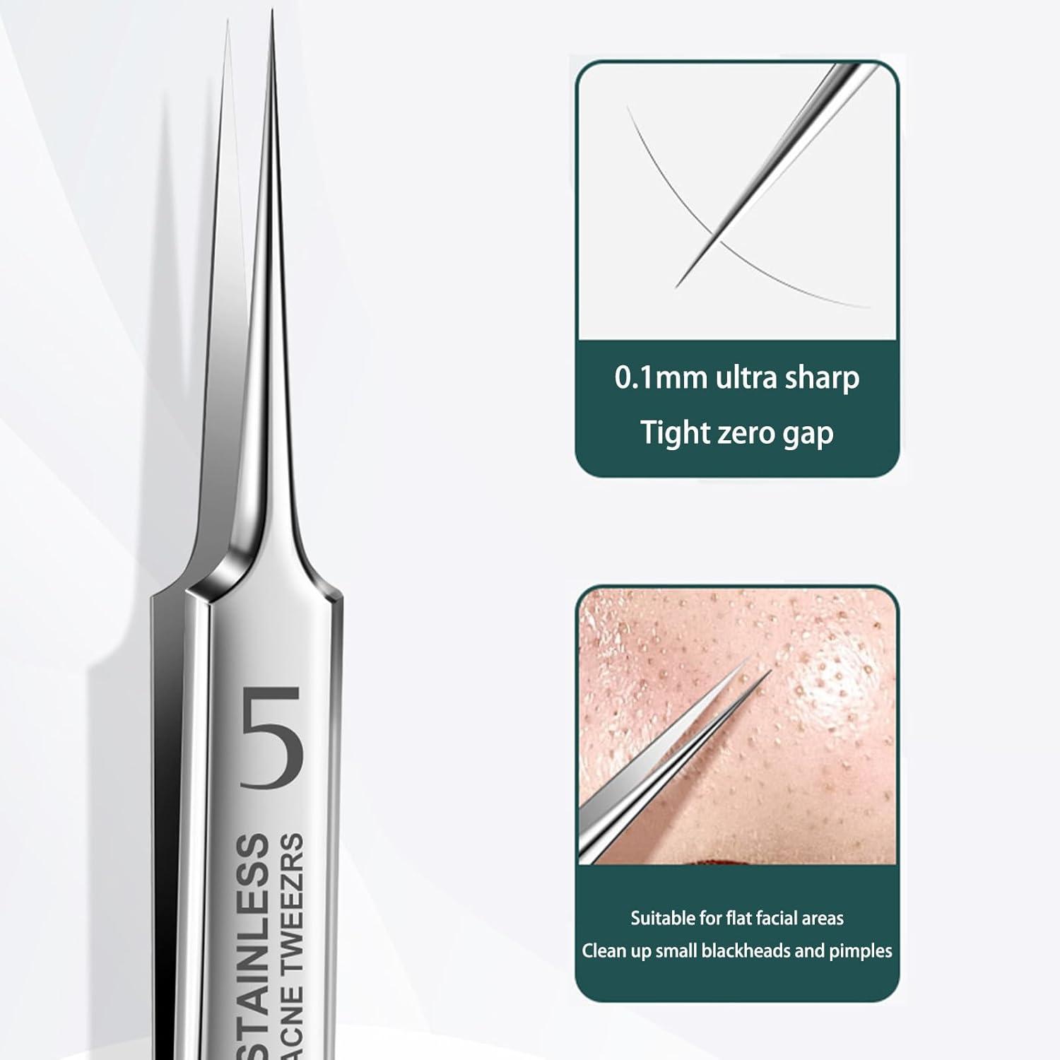 RIBHNXHI Professional Facial Blackhead Remover Tweezers - Extractor Acne Removal Kit Pimple Popper Tool, Clip for Whiteheads, Acne Clip, Ingrown Hairs Tweezers, Blackhead Remover Tool Stainless Steel