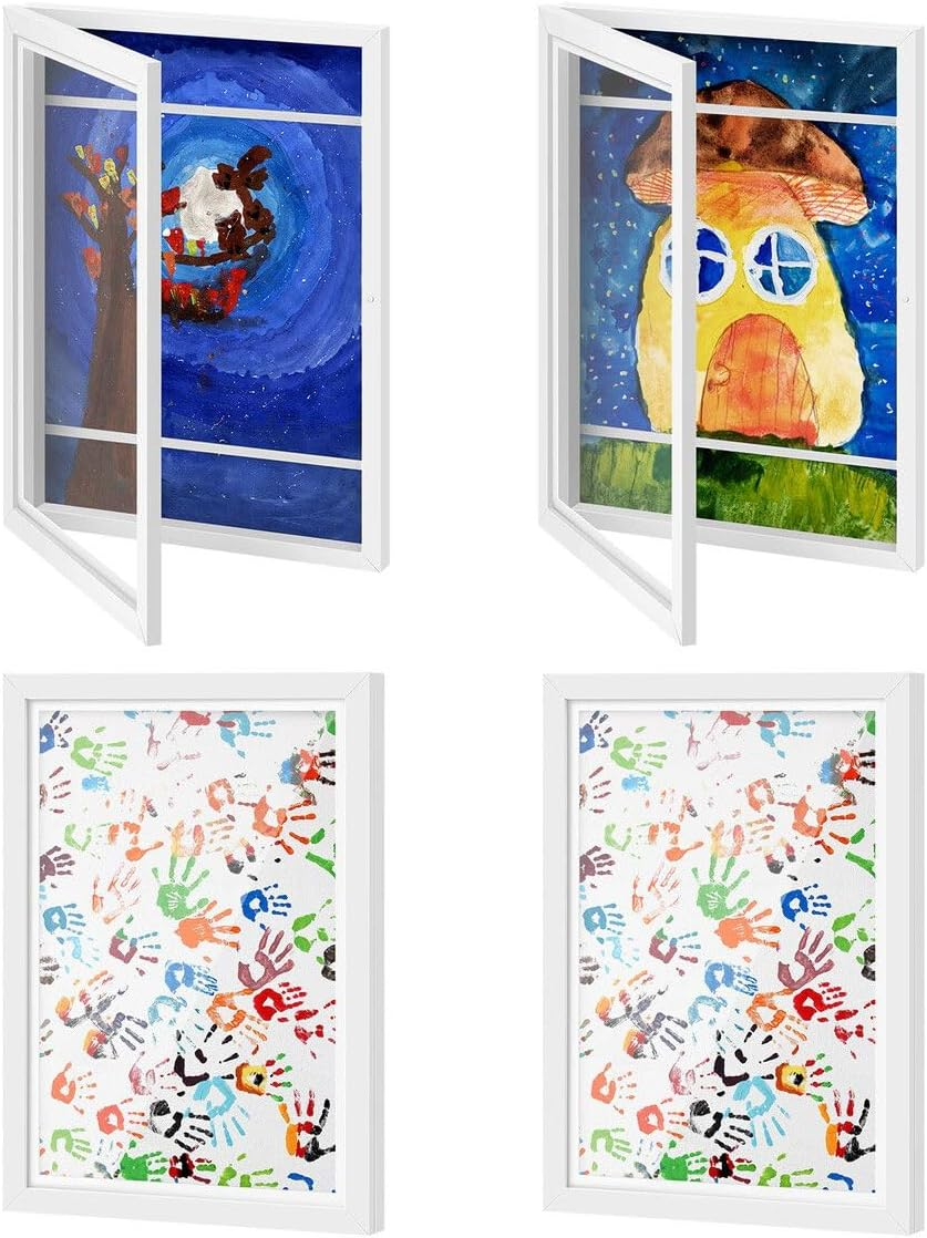 Luxsuite 4 Pack Kids Art Frames Wooden Artwork Frames White Front Opening Children Picture Storage Frame Wall Holds 50-150Pcs Horizontal and Vertical Picture Display for Crafts Art Projects Drawing 3D Artwork White