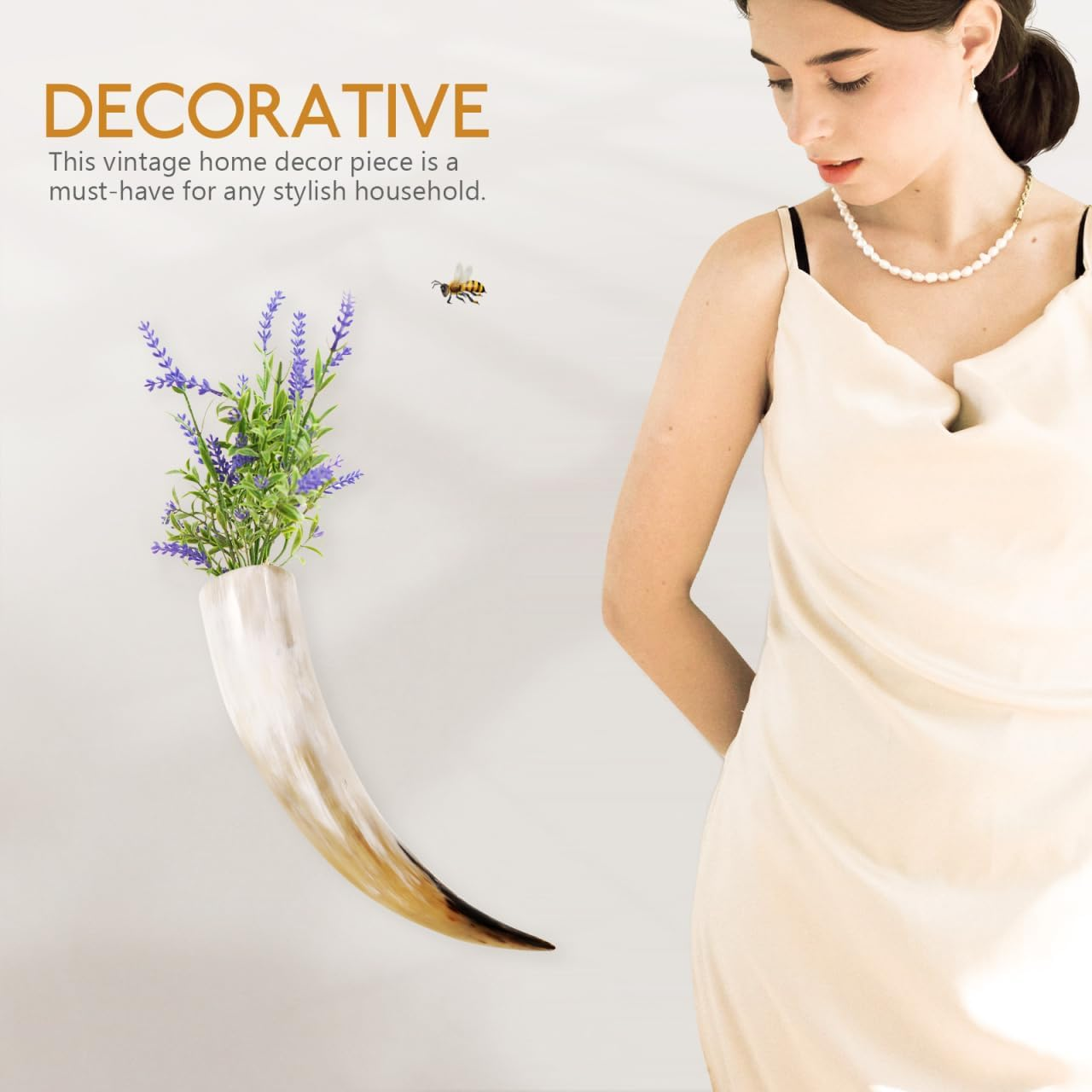 Luxshiny Cow Horns Wall Decor Vintage Ox Horn Vase Vintage Decorative Vase Style Ornament for Home Decor Craft, 30 X 7 X 5.5Cm