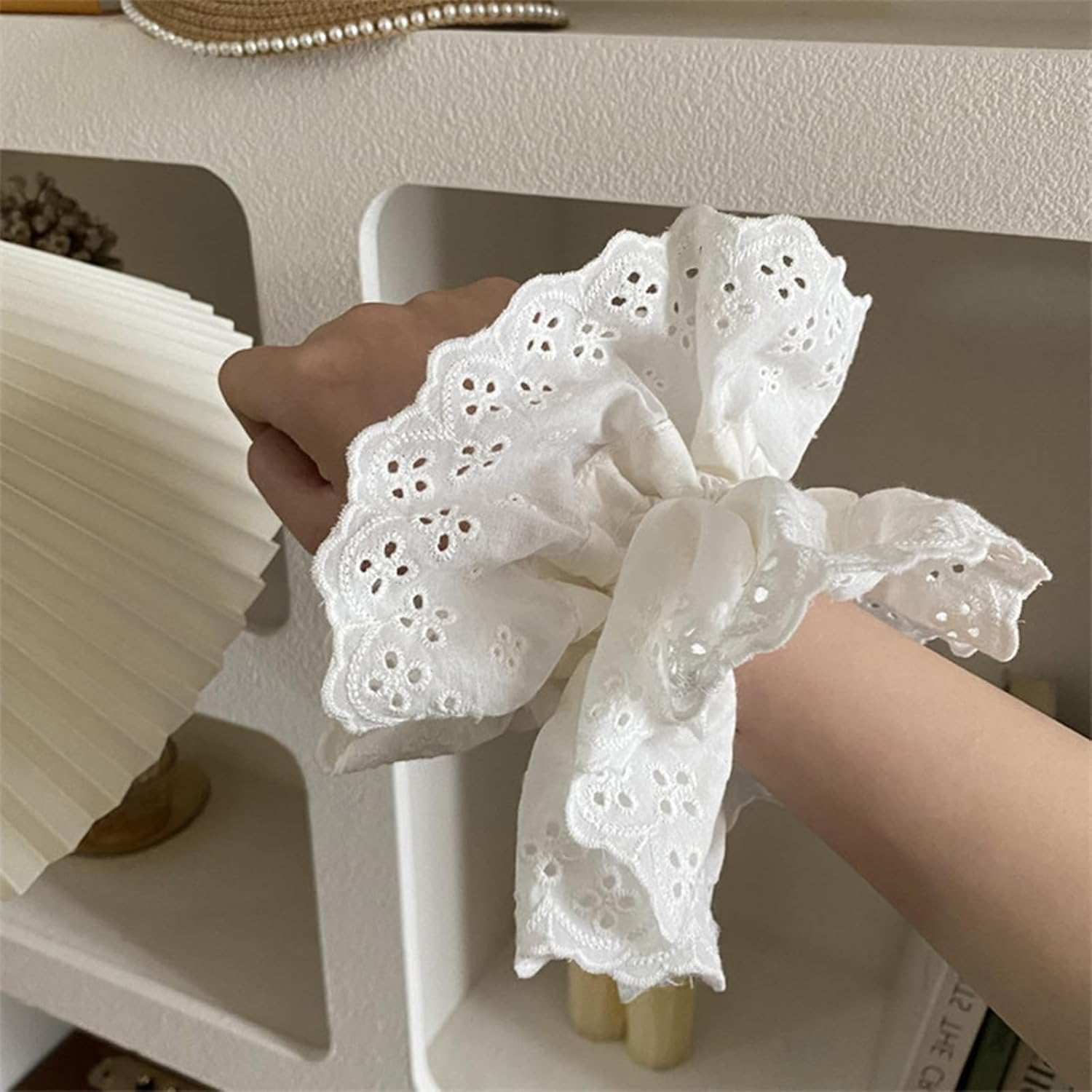 Large Lace Hair Scrunchies, 2Pcs White Lace Scrunchies Large Hair Scrunchies, Lace Double Layer Fancy Satin Hair Scrunchies image number 4