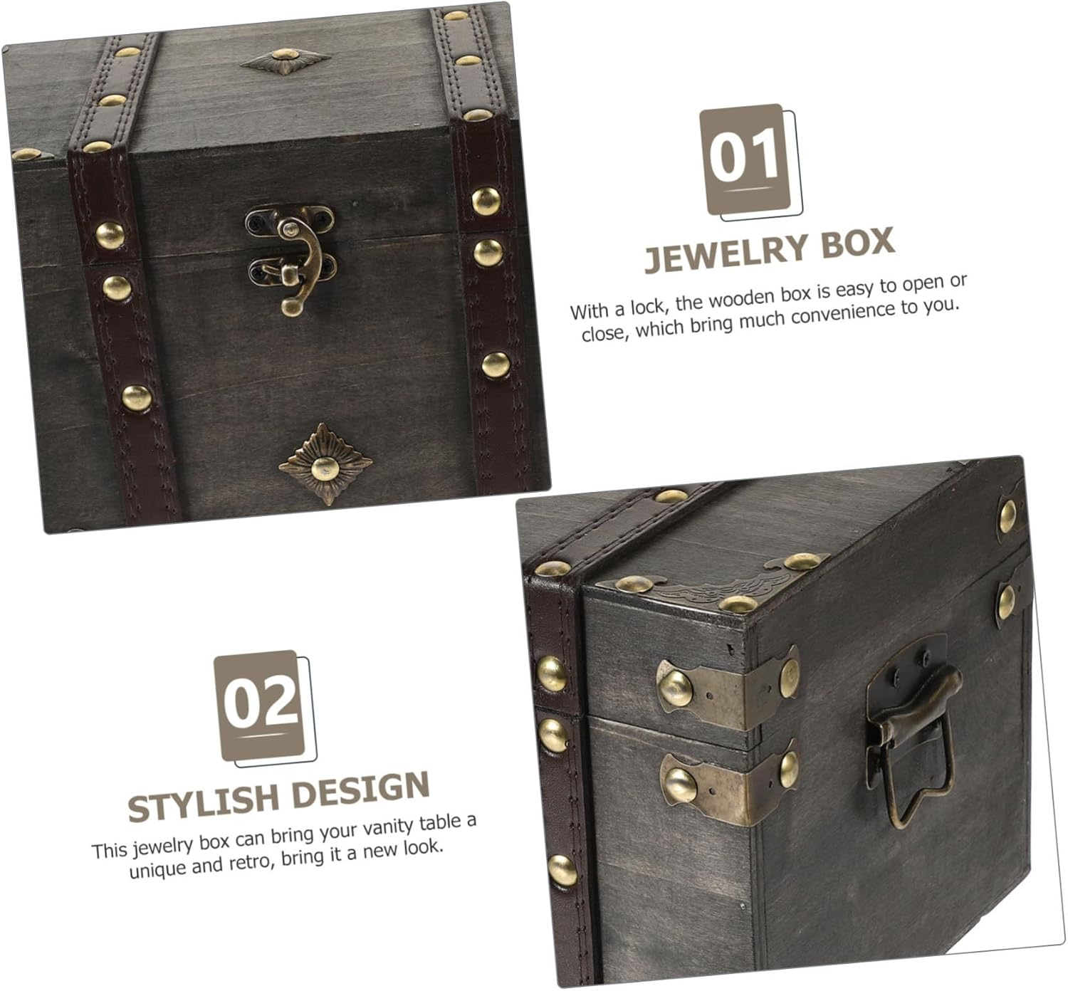 Cabilock Wooden Pirate Treasure Chest Large Gray Multi-Functional Storage Box Lock Jewelry Document Organizer Decorative Wood Treasure Box for Home and Office image number 6