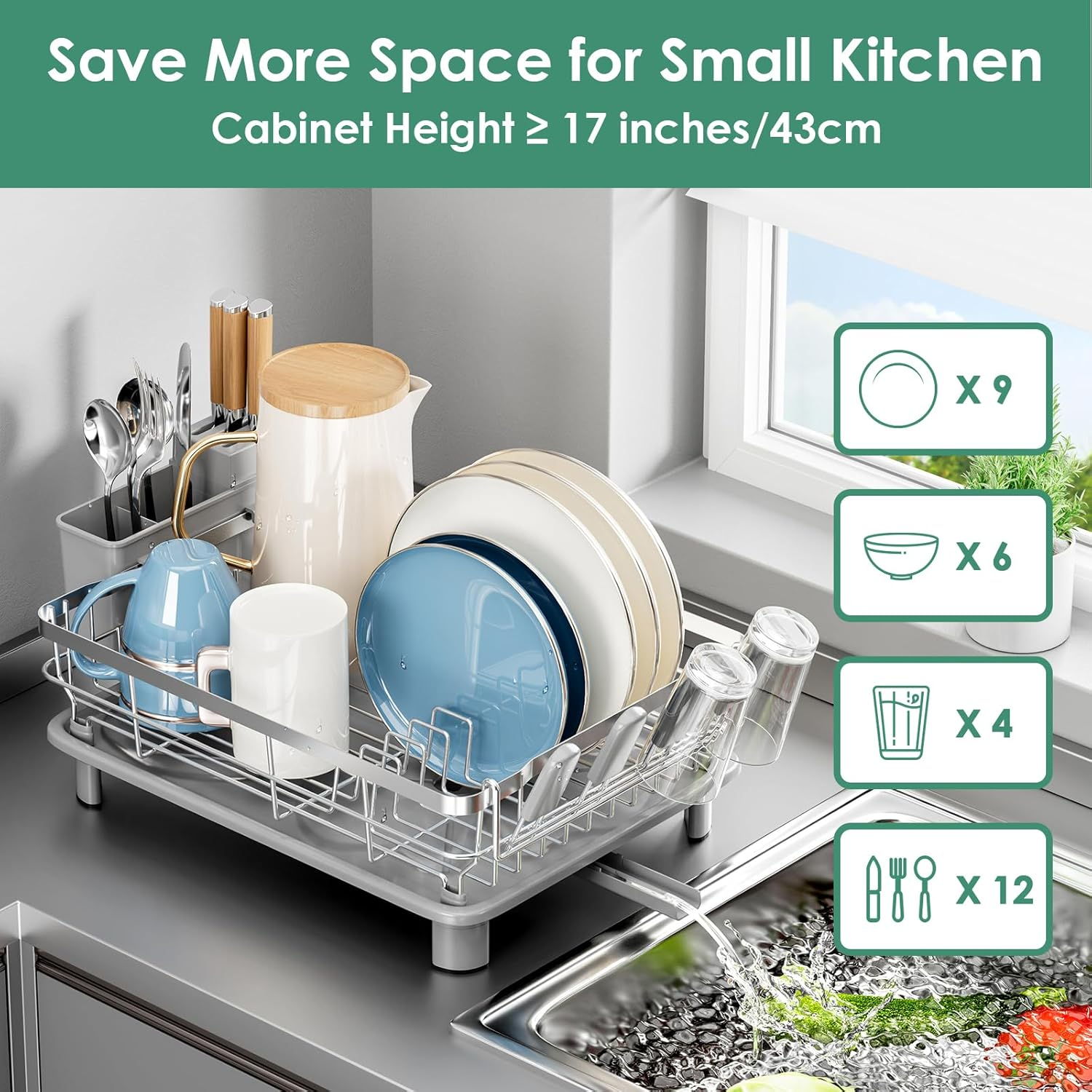 Sandream Dish Drying Rack, Dish Rack, Stainless Steel Dish Drainer for Kitchen Counter, Dish Rack with Draining Tray & Cutlery Utensil Holder, Kitchen Storage & Organisation(Grey) - Black image number 5