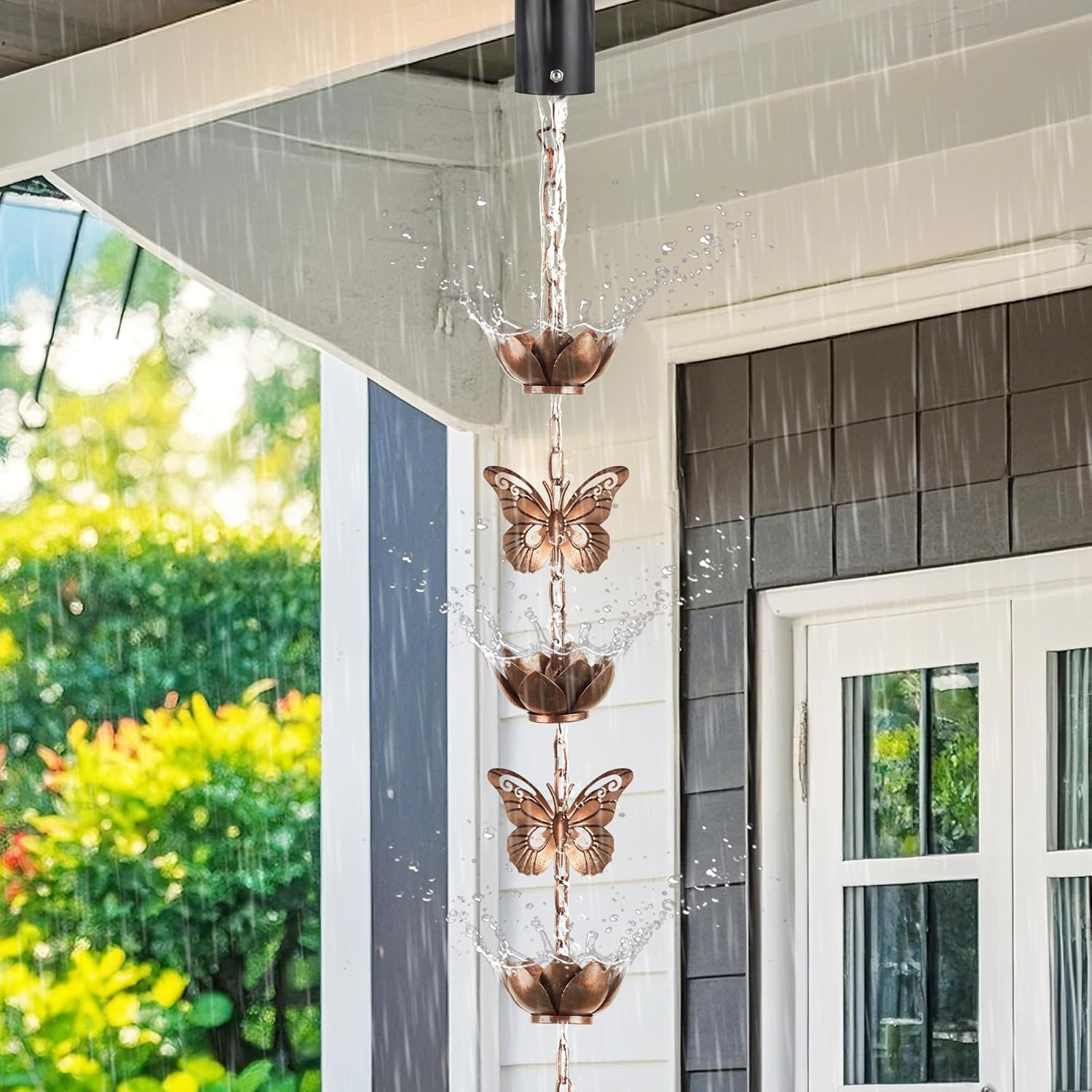 Shumi 13Ft Rain Chain for Gutters Downspouts Outside,Butterfly Rain Chain with 12 Copper Lotus Rain Chain Cups,Functional and Decorative Replacement for Gutter Downspouts image number 4