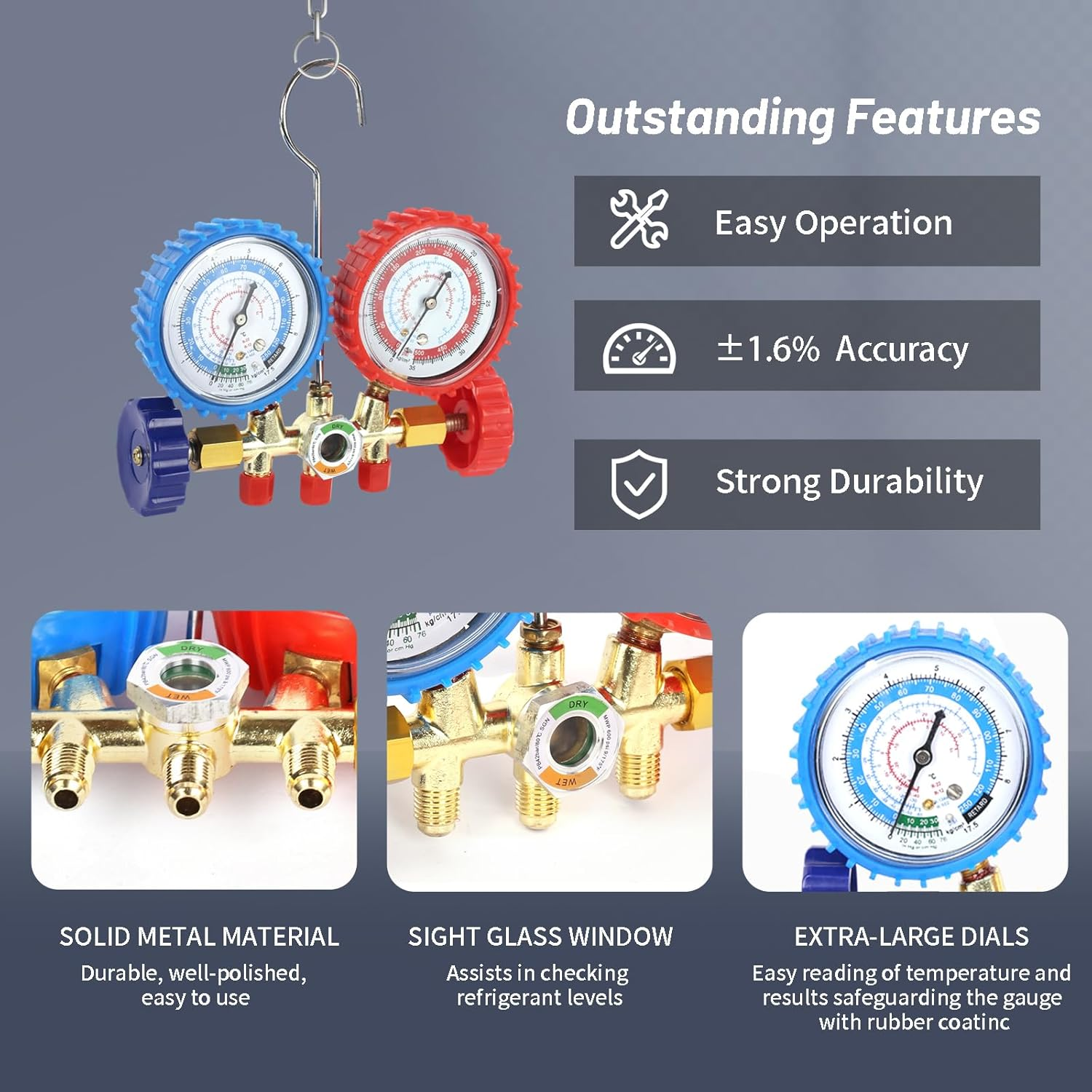 PB Motor Tech 3 Way AC Manifold Gauge Set for R134A, R12, R22 & R502 Refrigerants with Quick Couplers, 410 Adapter, Puncturing Can Tap & Valve Core Tool, HVAC Diagnostic Kit for Automotive & Household image number 2
