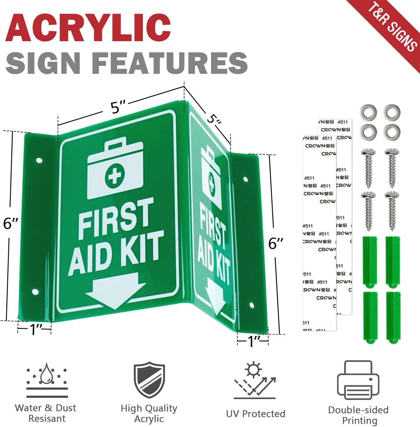 T&R First Aid Kit Sign, First Aid Kit with down Arrow - 4 Pack - 8 X 6 Inches Acrylic, 4 Pre-Drilled Holes, Includes Matching Screws, Use for Office/Business - First Aid - 4 Pack image number 4