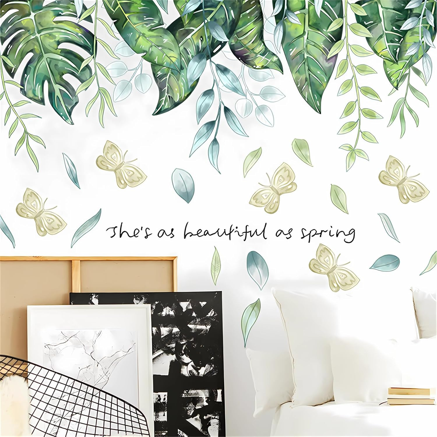 Tropical Greenery Foliage Hanging Vine Wall Stickers, Sacinora Green Plants Butterfly Art Wall Decals Removable Vinyl Peel and Stick for Living Room Bedroom Children'S Room Sofa TV Background