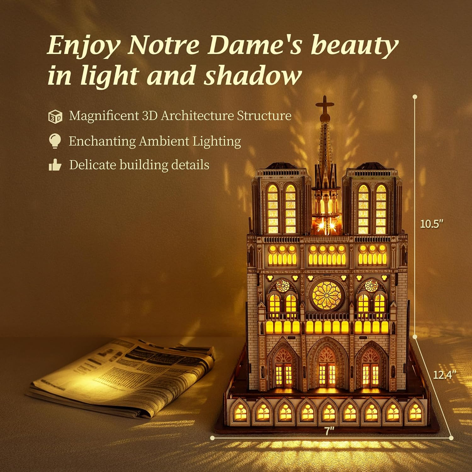 FUNPOLA LED 3D Wood Puzzle - Notre Dame De Paris Architecture Model-Night Edition with LED Lighting- DIY Building Model Craft Kit, Architecture Building Set image number 2