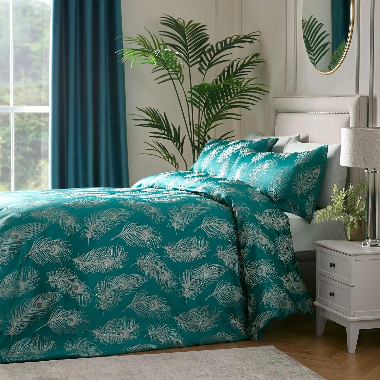Laurence Llewelyn-Bowen - Teal Peacock Feathers Duvet Cover Set - King Size - 2 Pillowcases - Jacquard Bedding Set in Teal - Luxury Bedding - Peacock Bird Duvet Cover image number 1