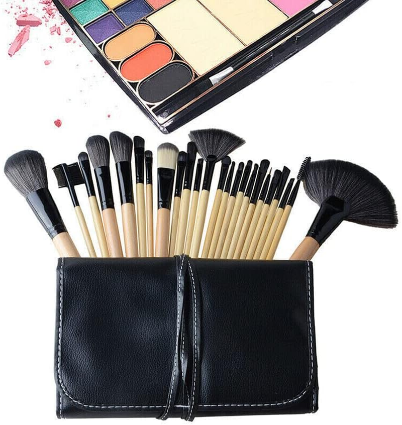 24 Pcs Professional Makeup Brush Kit Set Cosmetic Make up Beauty Brushes Bag - with Soft Synthetic Bristles, Wooden Handles, and PU Storage Bag - Perfect Beauty Tool Kit for All Cosmetic Needs - Wood image number 1