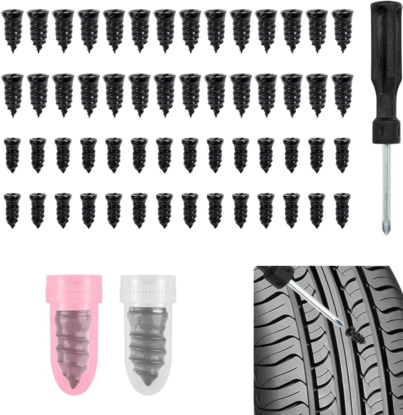 100-Piece Tire Plug Kit with Screwdriver &ndash; Rubber Screw Nails for Fast Car, Motorcycle, Truck, Tractor Puncture Repair(50 S+50 L) image number 5
