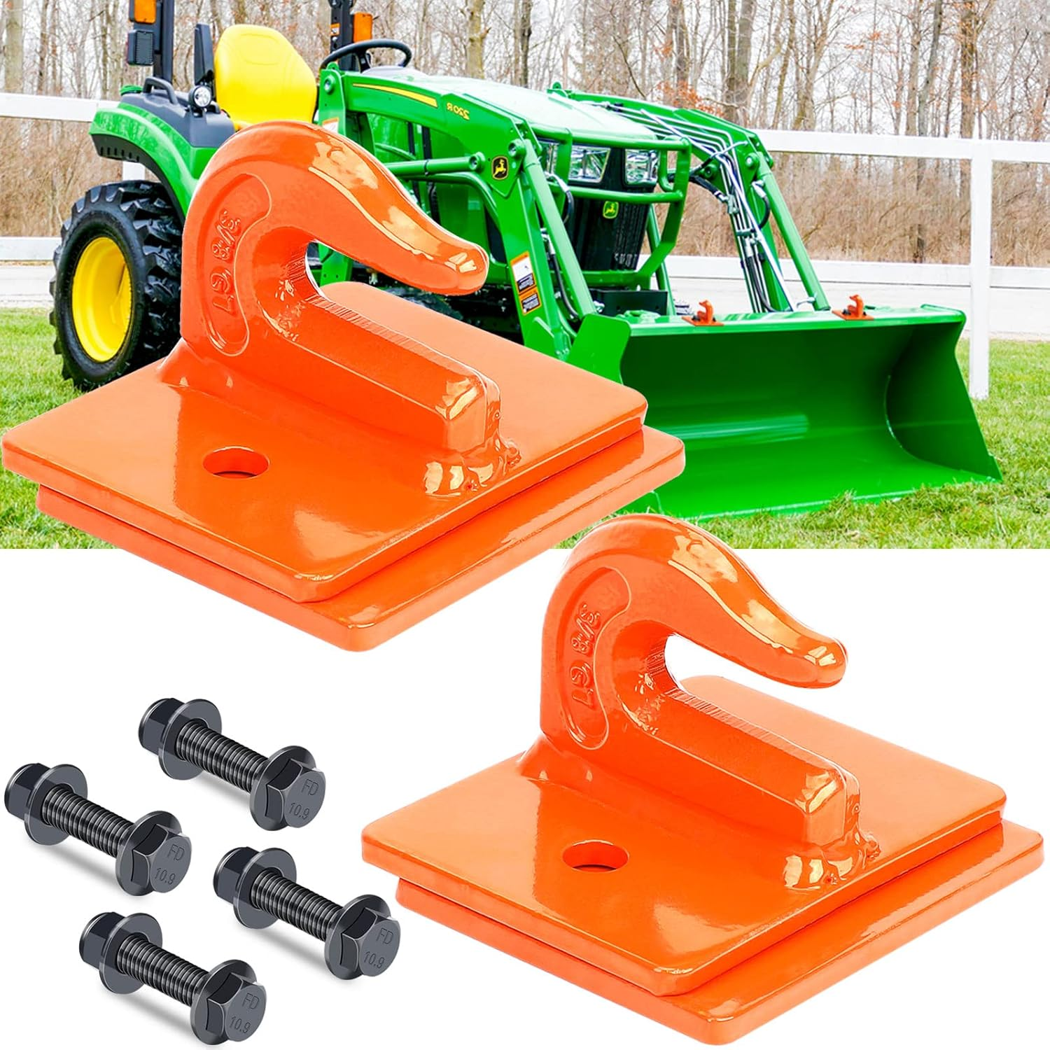 AUTOBOTS Tractor Bucket Hooks 3/8" (2 Pack),Max 15,000 Lbs, Bolt on Hooks for Tractor Bucket,Heavy Duty Grab Hook Tow Hook,Indispensable Tractor Bucket Accessories for Rv,Utv,Truck,Orange - Black image number 3