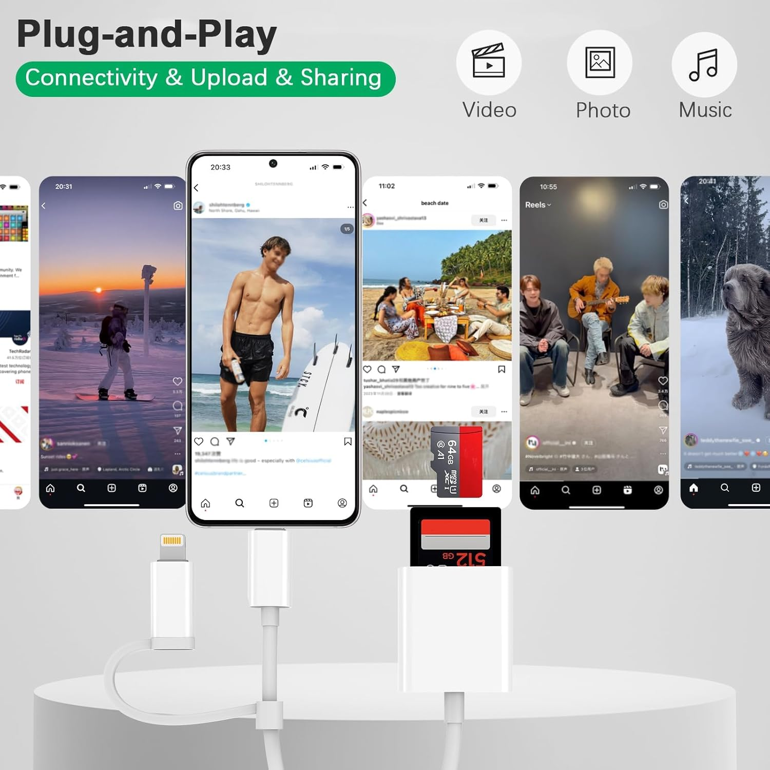 Iphone SD Card Reader | Dual Connector (Lightning + USB-C) Sd/Sdxc/Sdhc/Microsd Adapter, Memory Card Reader for Iphone/Ipad, Type-C Camera Reader Plug and Play, Phone Accessories image number 4