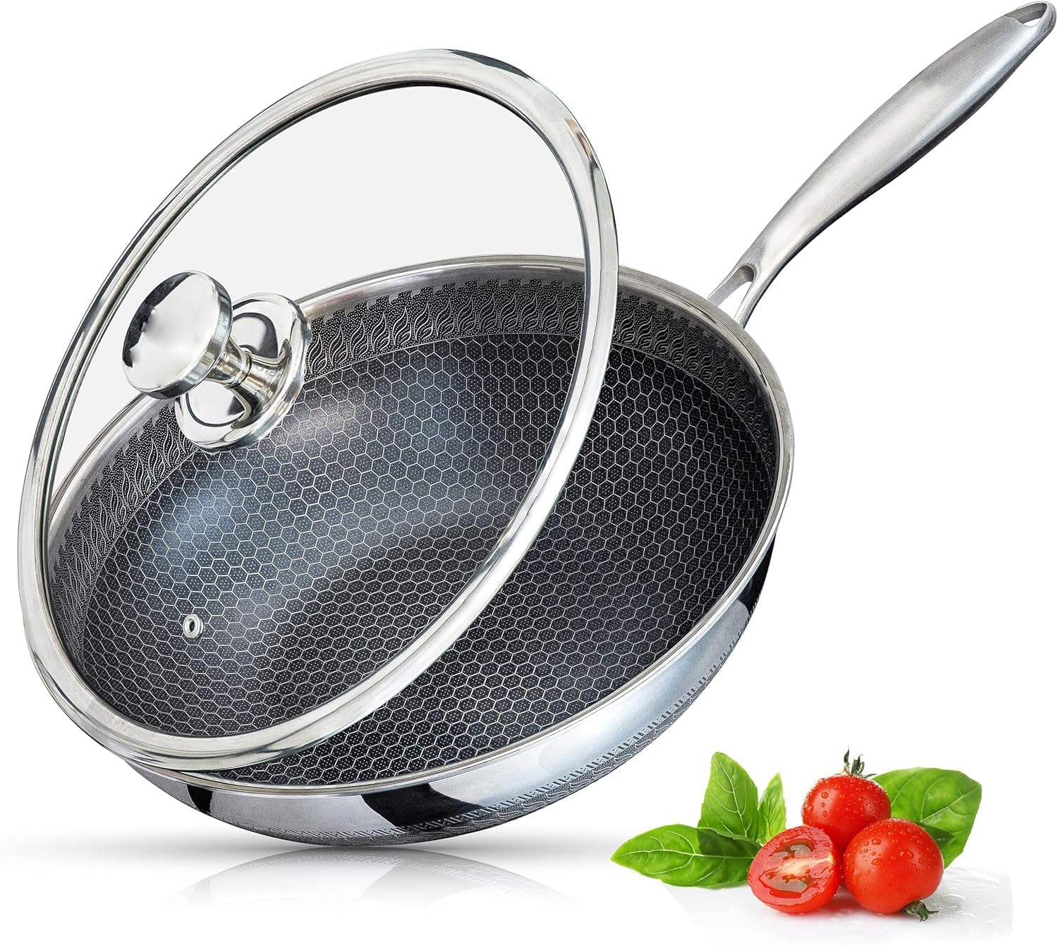 Wok with Oven-Safe Lid - anti Scratch Kitchen, for Saut&eacute;ing, Roasting, Broiling &ndash; Large 30Cm Stainless-Steel Skillet - German GREBLON Non-Stick Shield Technology image number 1