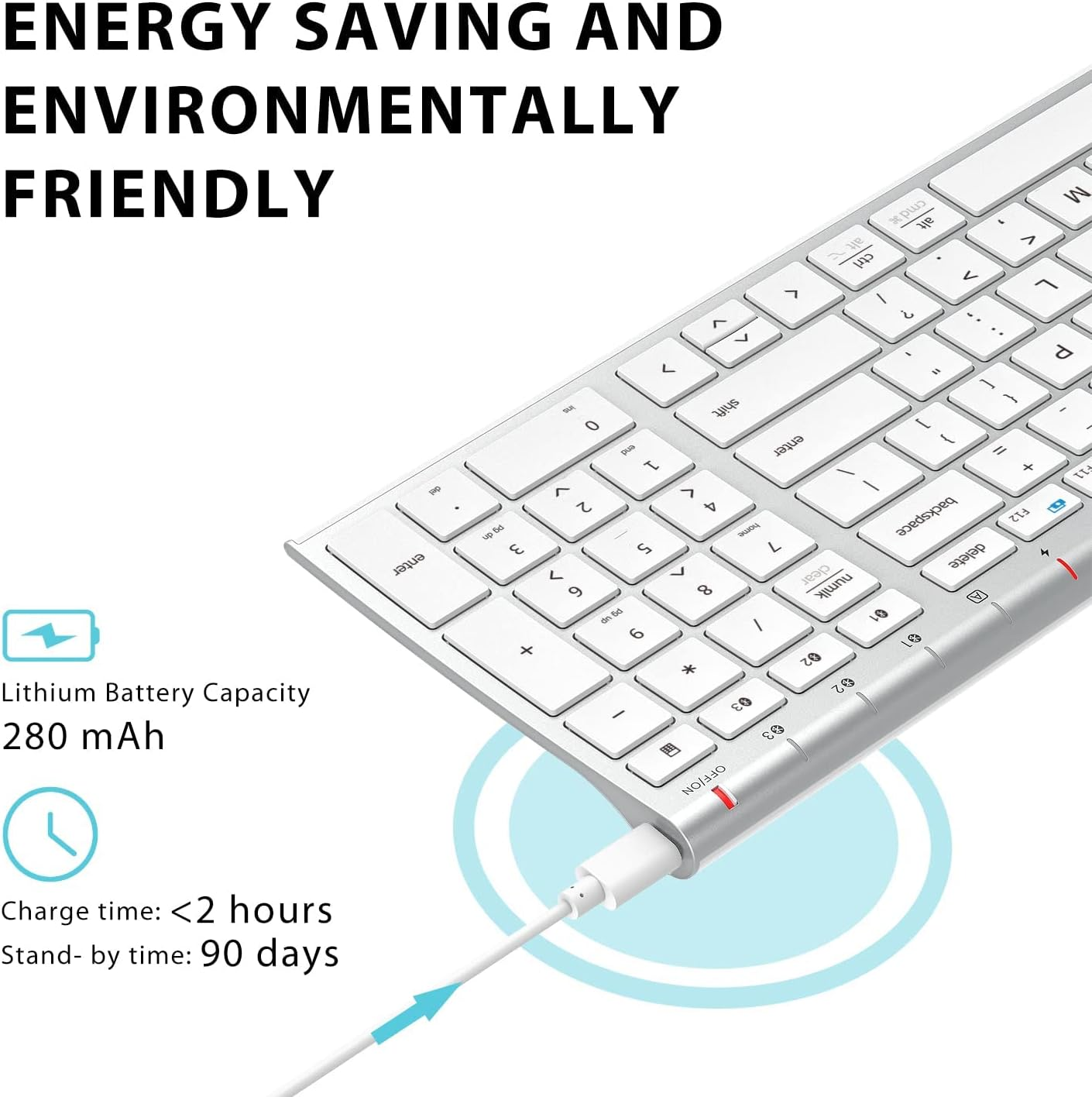 Iclever BK10 Bluetooth Keyboard, Rechargeable Wireless Keyboard with Number Pad, Multi-Device Connection, Slim and Compact Design, Comfortable Typing Keyboard for Ipad, Iphone, Mac, Ios, Windows - Silver Black image number 3