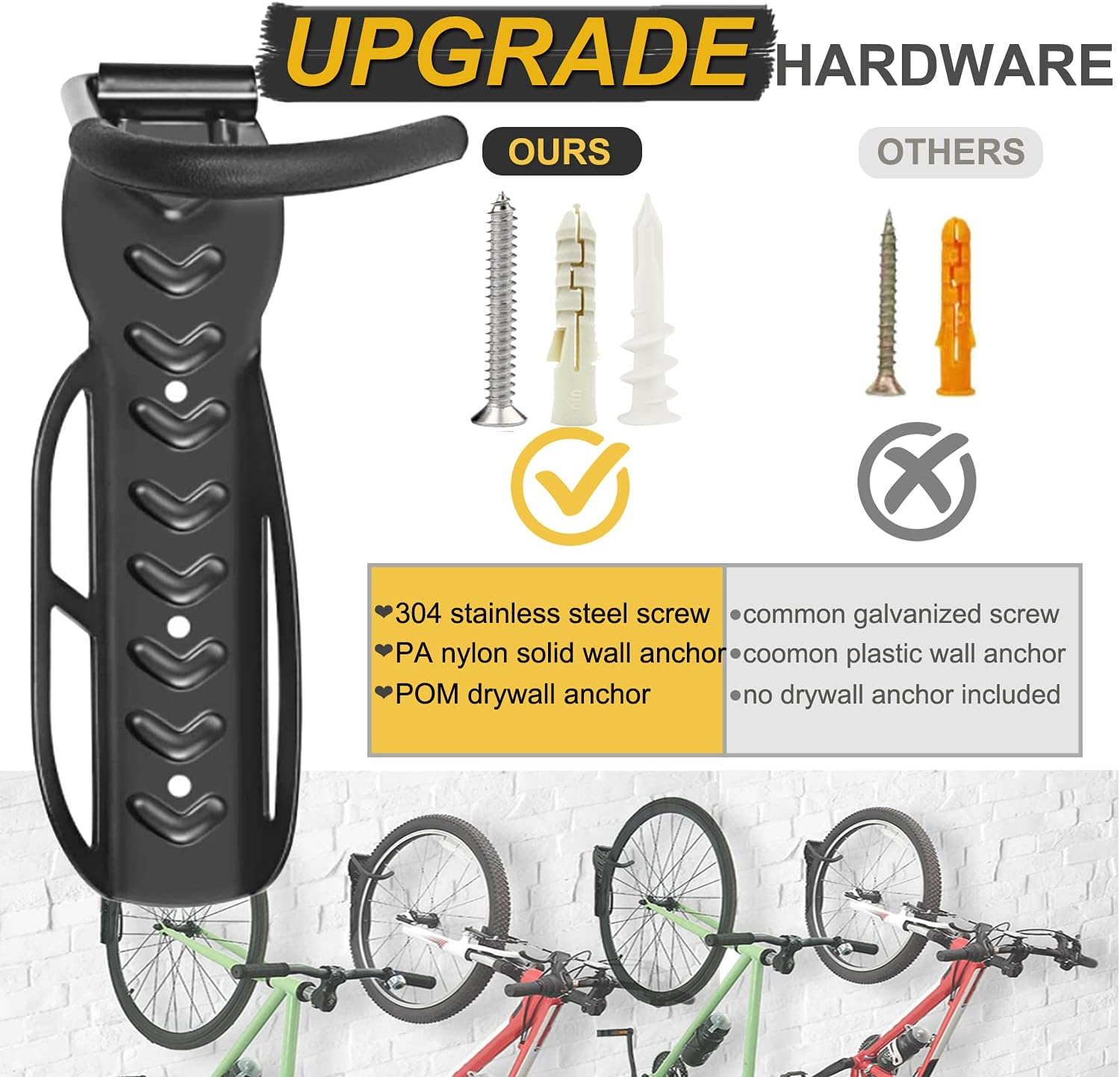 Bike Rack for Garage Wall Mount 4 Pack Vertical Bike Hooks Bicycle Hanging Hooks for Indoor Storage with Non-Reversible Hooks image number 2