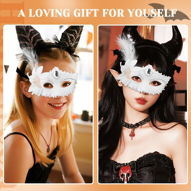 White Masquerade Eye Mask for Women Girls Cosplay Party Decoration Rhinestone Lace Feather Masks for Halloween Costumes Masquerade Accessories image number 5