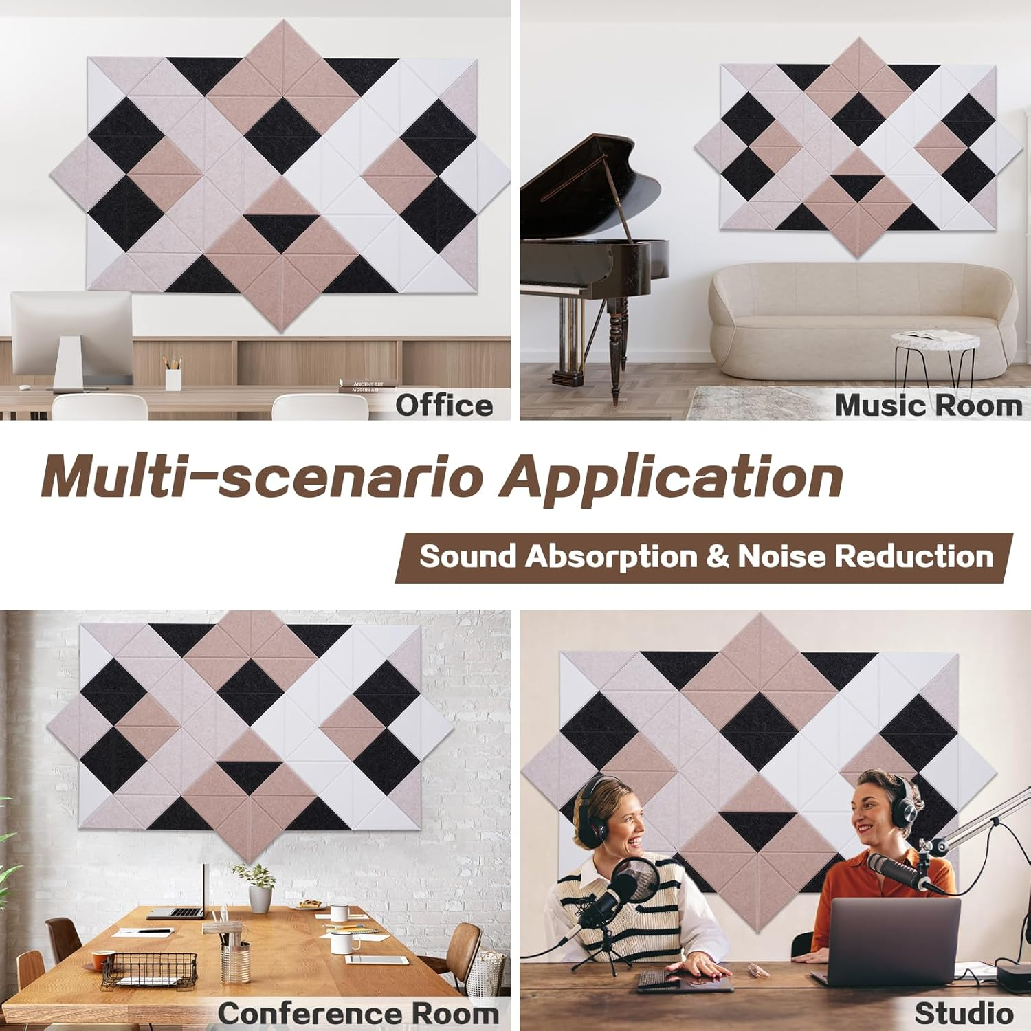 Tutmyrea 64 Pack Self-Adhesive Triangular Acoustic Panels, High Density Sound Absorbing Soundproof Wall Decoration Dampening Panels for Recording Studios, Homes, and Offices(Camel) image number 6