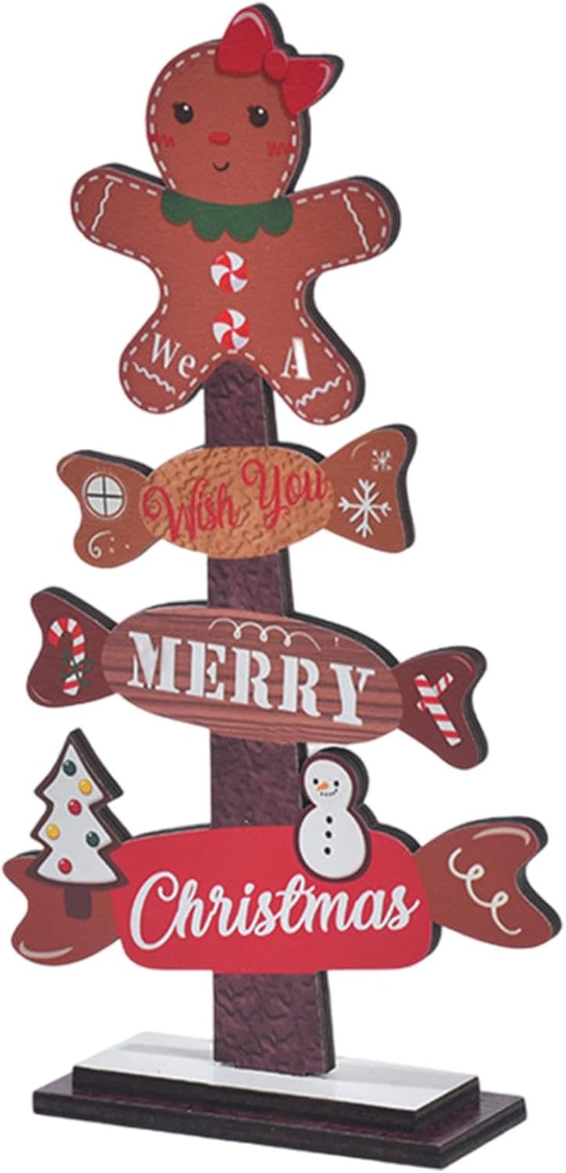 Wood Christmas Trees,Small Table Top Christmas Tree with Gingerbread Man Topper - Holiday Ornament Christmas Tiered Tray Decor Decorative Sign for Shopping Window Desk Shelf image number 3