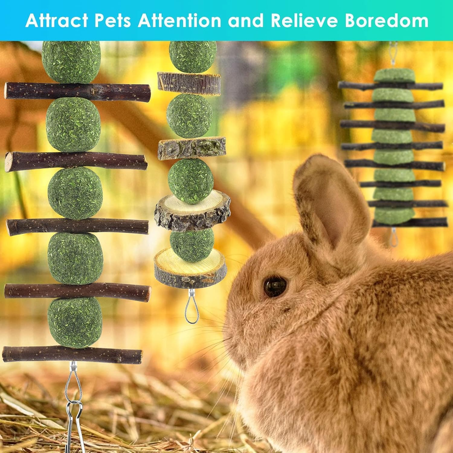 JCBCKJ Bunny Chew Toys for Teeth, Natural Rabbit Toys Apple Wood Grass Timothy Sticks Chew and Treat for Guinea Pigs Hamster Chinchillas (Apple Wood) image number 5