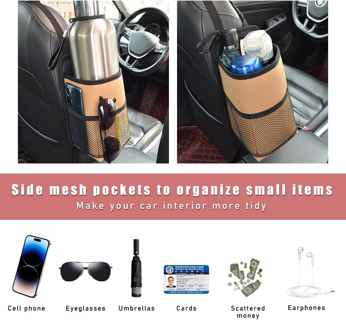 Sylvil 2 in 1 Large Cup Holder, Multifunctional Seat Side Storage Hanging Bag with Mesh Pocket, Car Water Bottle Storage Sleeve with Adjustable Strap, Car Accessories for Drinks (Black) image number 3