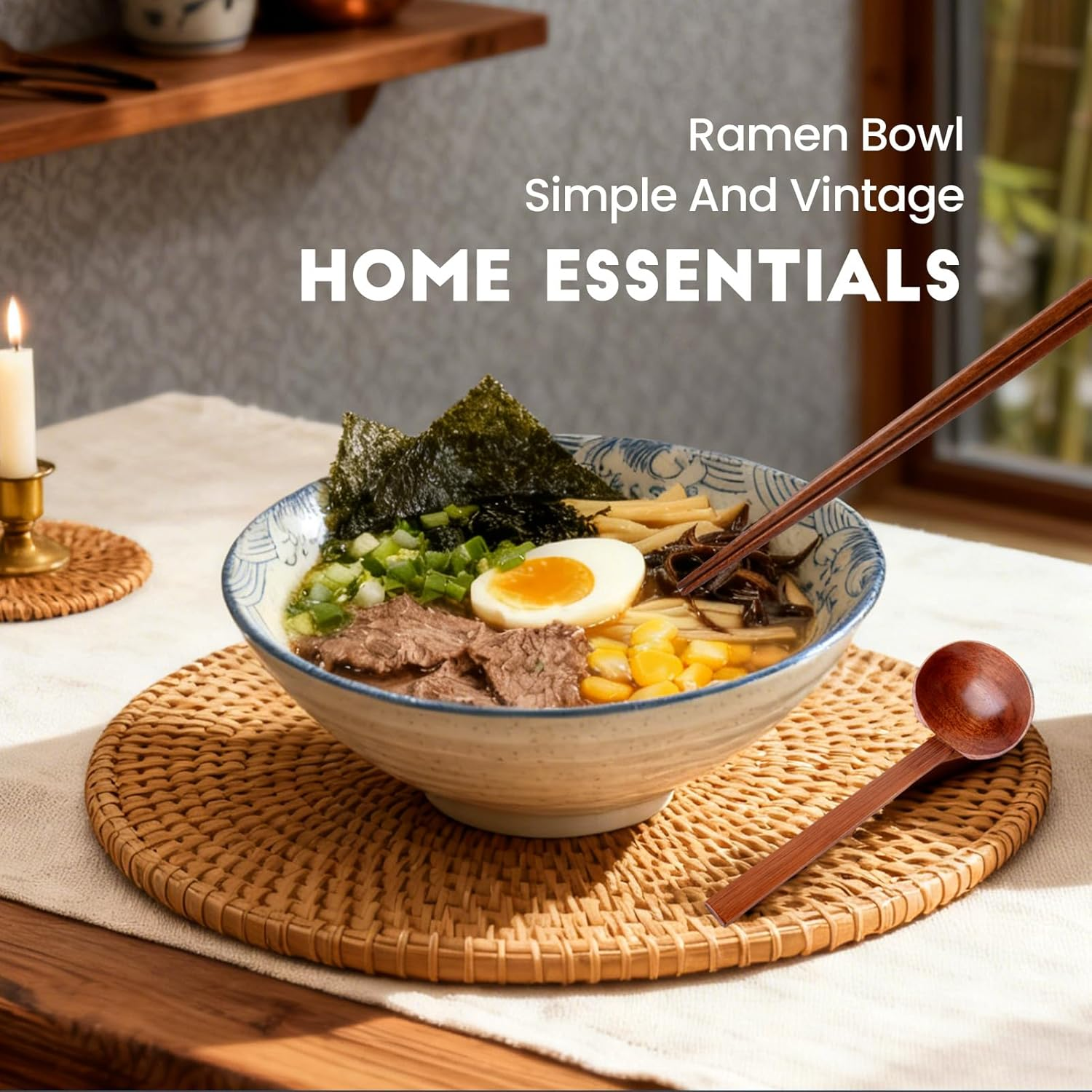 Ceramic Japanese Ramen Bowl Set 40 Oz Noodle Soup Bowl with Matching Spoons and Chopsticks 8 Inch for Udon Soba Miso Soup,Set of 2 image number 1