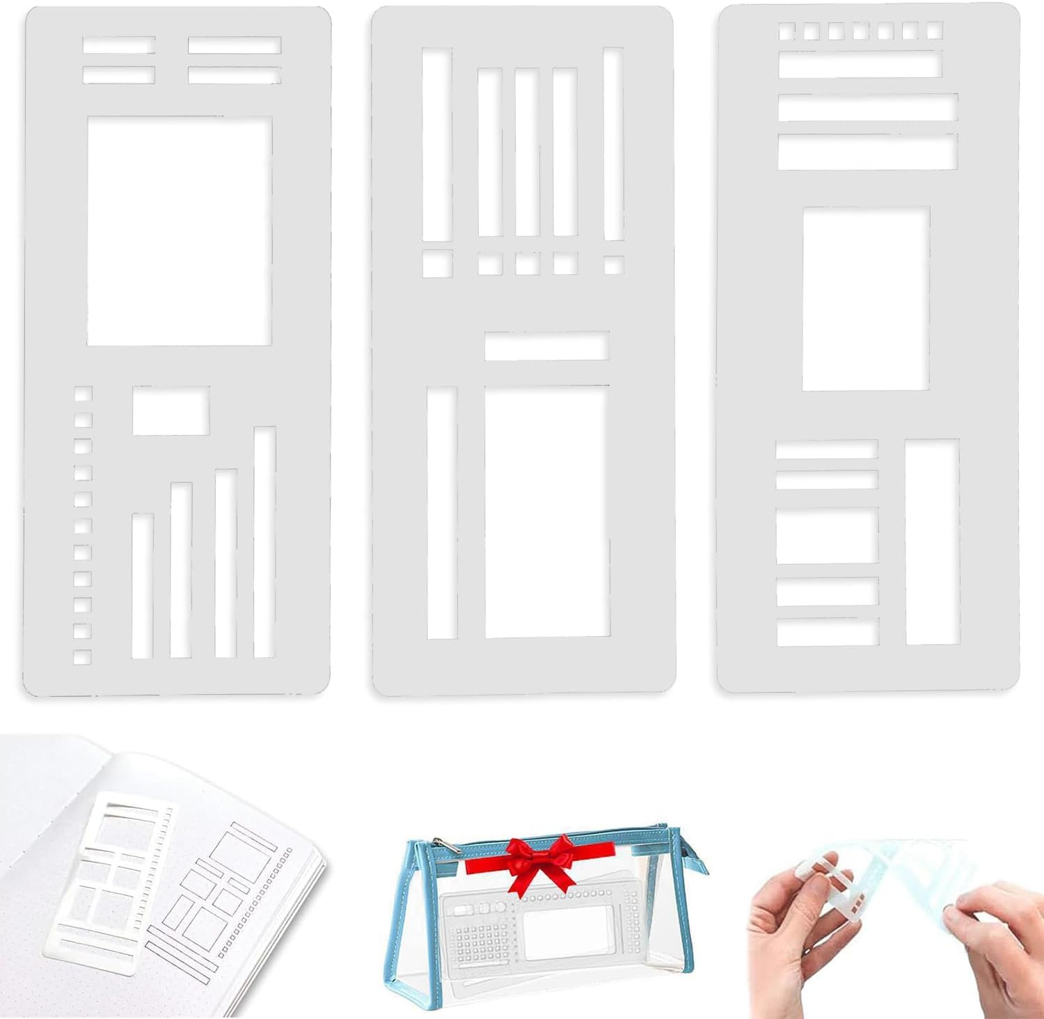 Afeamo Handmade Flexible Record Template, 3PCS Transparent Planner Stencils Set, Flexible Drawing and Checklist Templates, Tear Resistance Journal Stencils, for Dot Grid Journals image number 1