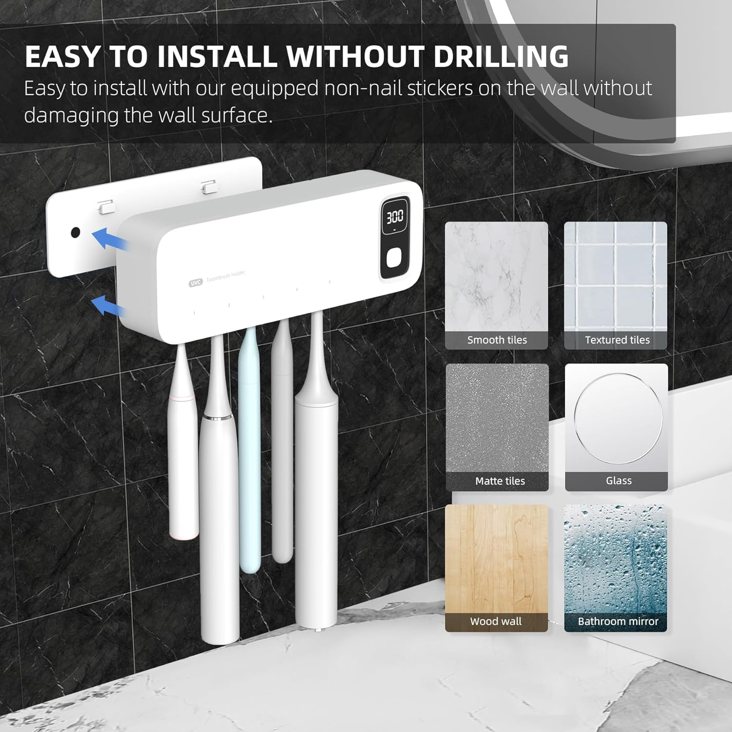 UV Toothbrush Sanitiizer and Holder, Strong Saniti Zer Air Drying, 200S and 400S Timed Toothbrush Case, 2200Mah Rechargeable Cordless Wall Mounted Home Toothbrush Steril Izer image number 5