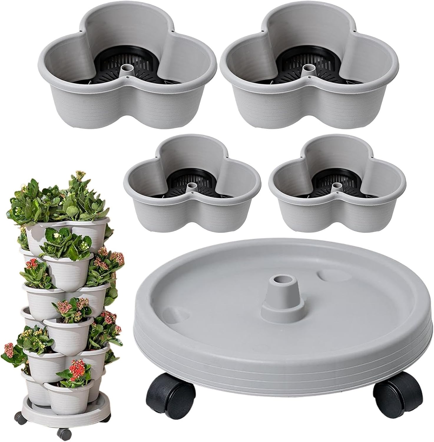 6 Tier Vertical Planter, Stackable Tower Planters, Strawberry Herb Flower and Vegetable Pots, Indoor Outdoor Gardening Pots with Removable Wheels and Vegetables Multicolor, Garden Planters (6PCS)