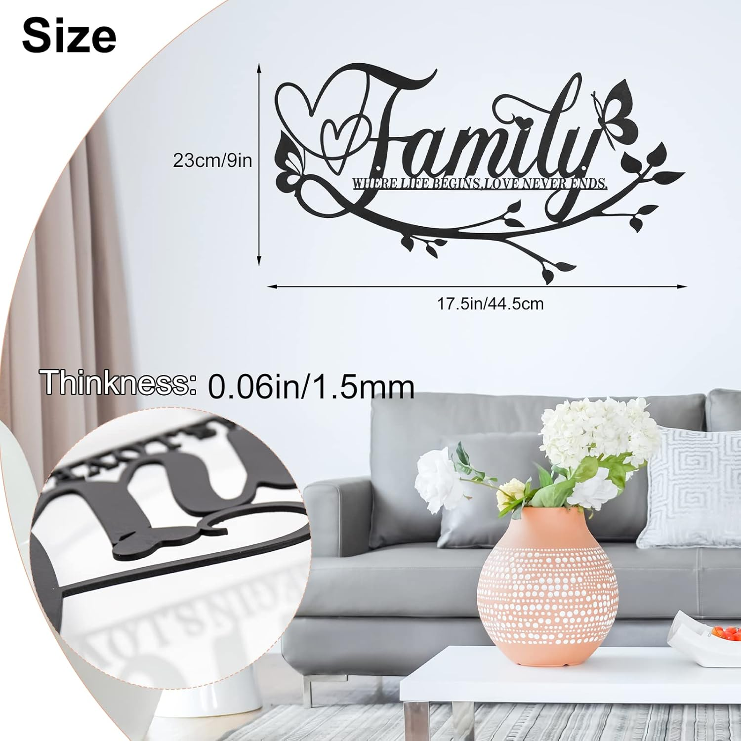 Family Where Life Begins Love Never Ends Word Sign Metal Wall Decor, Black Home Decor Wall Art Decorations, Letters Quotes Sign for Living Room Bedroom Kitchen Indoor Outdoor Decor(Black) image number 6