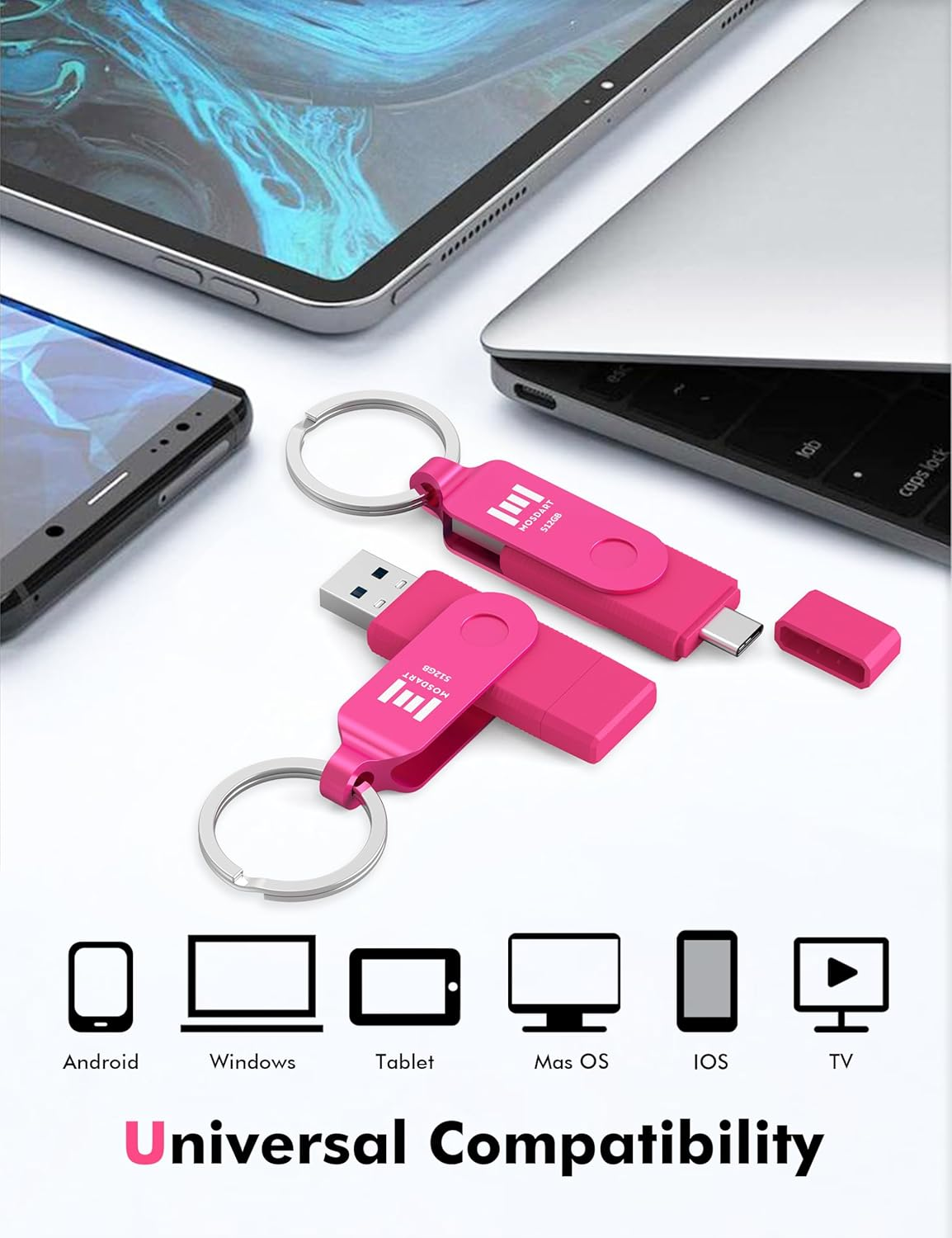 MOSDART 512GB USB3.1 Fast Speed C and a Dual Flash Drive, Exfat Memory Stick with Keychain and LED Indicator, for Iphone 15 and 16, Android Phone, Ipad, Macbook, and Other Laptops, Hot Pink image number 5