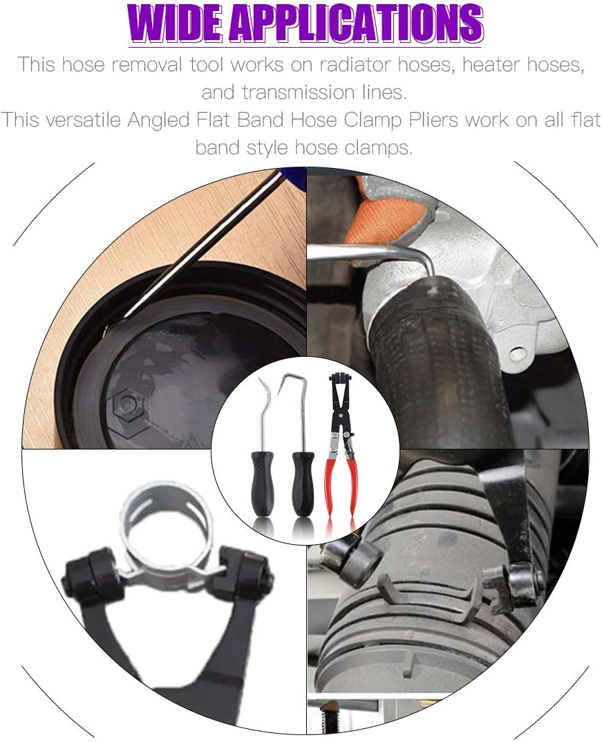 Swpeet 3Pcs Hose Clamp Plier Set, Including 45&deg; Flat Band Hose Clamp Plier Angled Swivel Jaw Locking Car Water Pipe with 2Pcs Hose Removal Hook Set Perfect for Hose Installations of Low Radiators image number 5