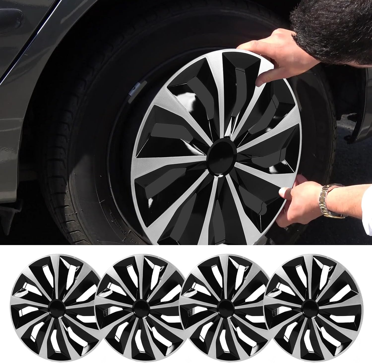 Jiawu 4 Pcs 17 Inch Wheel Hub Cap, Wheel, Enhanced Aerodynamics, Wheel Rim Cover Hubcaps Snap on Installation for Focus Transit Connect, Car Accessories