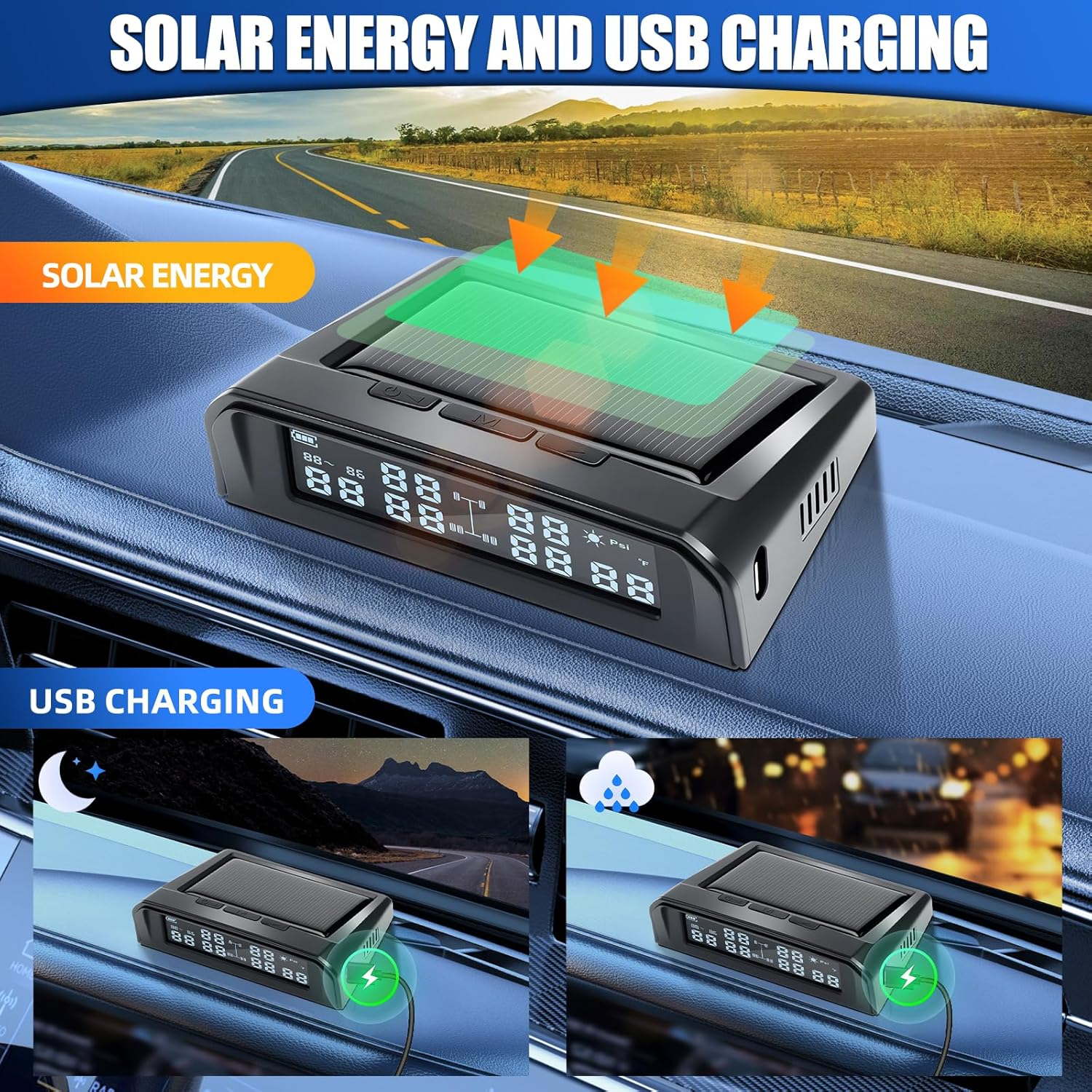 RV Tyre Pressure Monitoring System W/Solar Charge,Trailer TPMS W/6 External Sensors & 6 Alarm Modes,Lcd Real Time Display,Auto Sleep Mode,Tire Pressure Monitor for RV Trailer Truck Pickup (0-144 PSI) image number 1