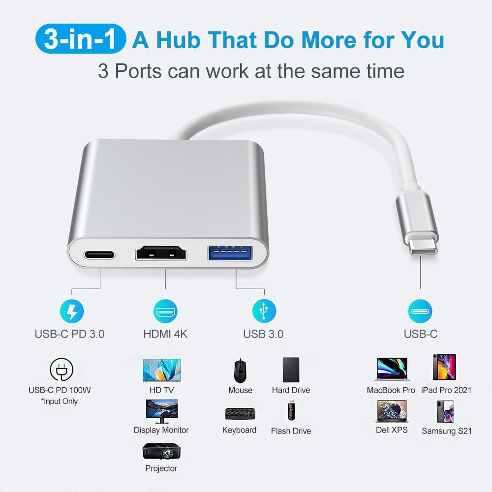 GOPALA USB C to HDMI Multiport Adapter, 3-In-1 4K HDMI to USB-C Adapter with 100W PD & USBA 3.0 Port Multiport Digital AV Converter for Macbook Pro/Air/Ipad/Iphone15/ 16/Laptop/Monitor/Switch